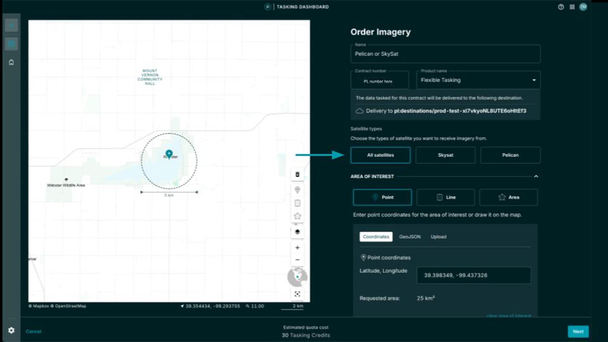 Flexible tasking in the Tasking Dashboard with SkySat only, Pelican only, or all satellites.