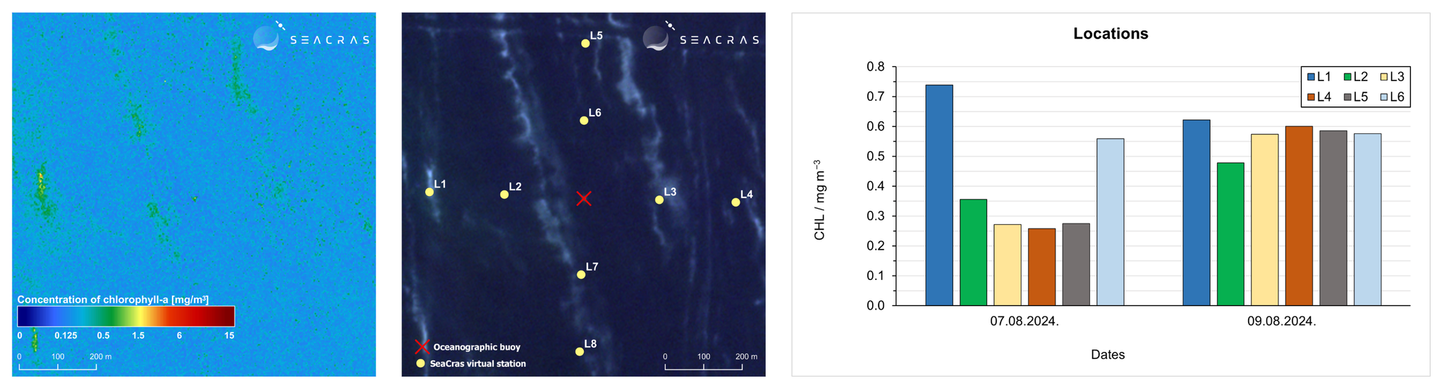 These images from SeaCras demonstrate their research approach. PlanetScope imagery was processed to derive bio-optical variables, including chlorophyll-a and red-edge reflectivity, with satellite-derived parameters subsequently validated against measurements from an oceanographic buoy. The results showed that extreme mucilage events exhibit enormous spatial variability at the sub-100-meter scale, as well as on an hourly timescale.