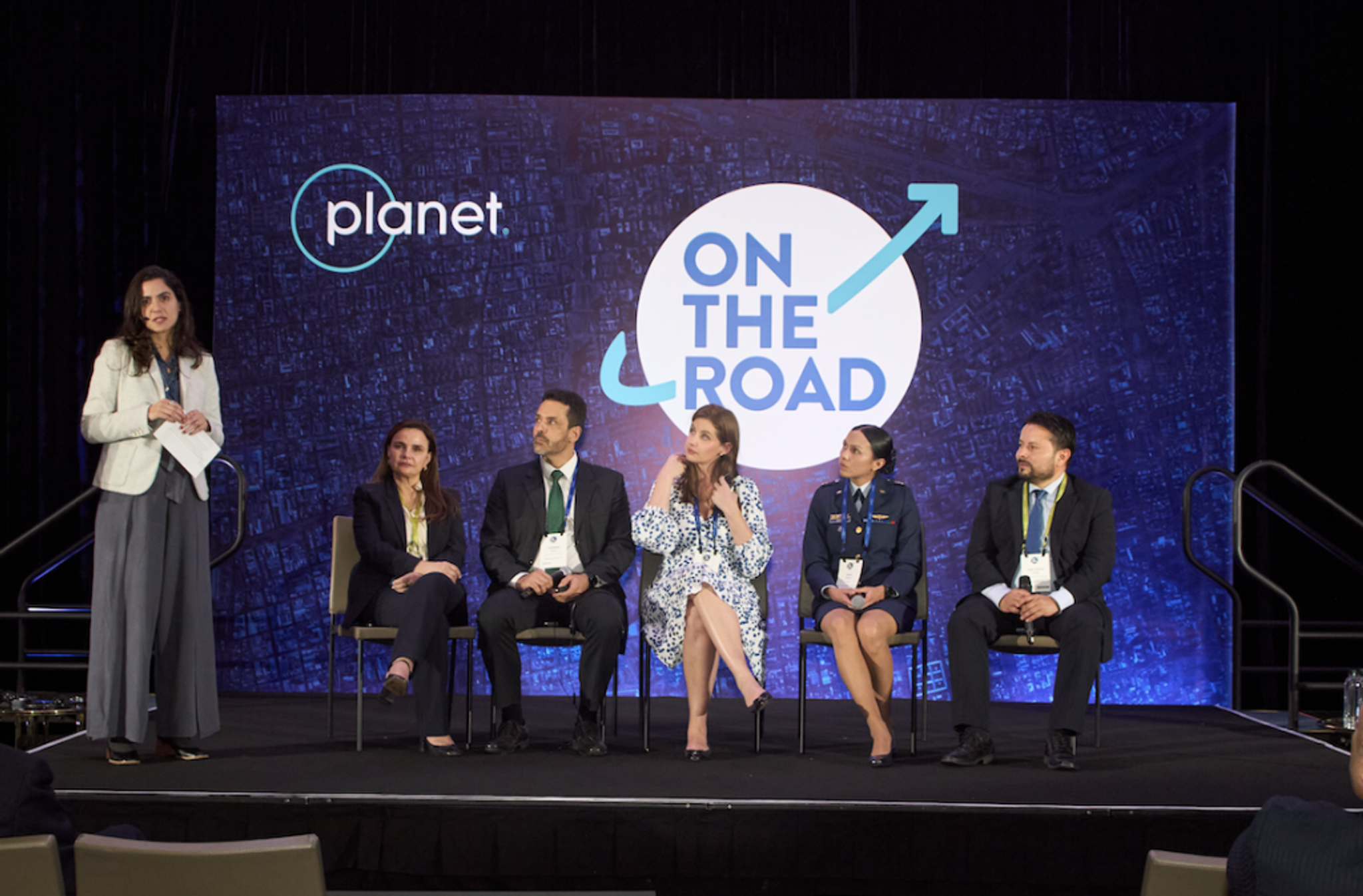 From left to right, Nataly Pulido, Customer Success Manager at Planet, Iara Musse Felix, CEO of SCCON Geospatial, Cristiano Cunha, Chief of the Geomatics Service of the Federal Police, Camila Pintarelli, Director - Chief of National Fund for Public Security of the Ministry of Justice and Public Security of Brazil, Captain Laura Fernanda Guerra Ibáñez, Head of Space Production Area, Airforce of Colombia (FAC), and Juan Camilo Amaya, Geospatial Technology Manager at Procalculo Prosis S.A.S. 