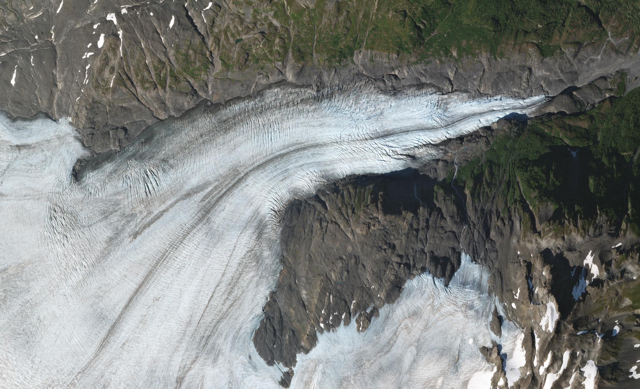 A complex network of crevasses is visible in this SkySat view of Exit Glacier collected on August 15, 2019. © 2019, Planet Labs Inc. All Rights Reserved.