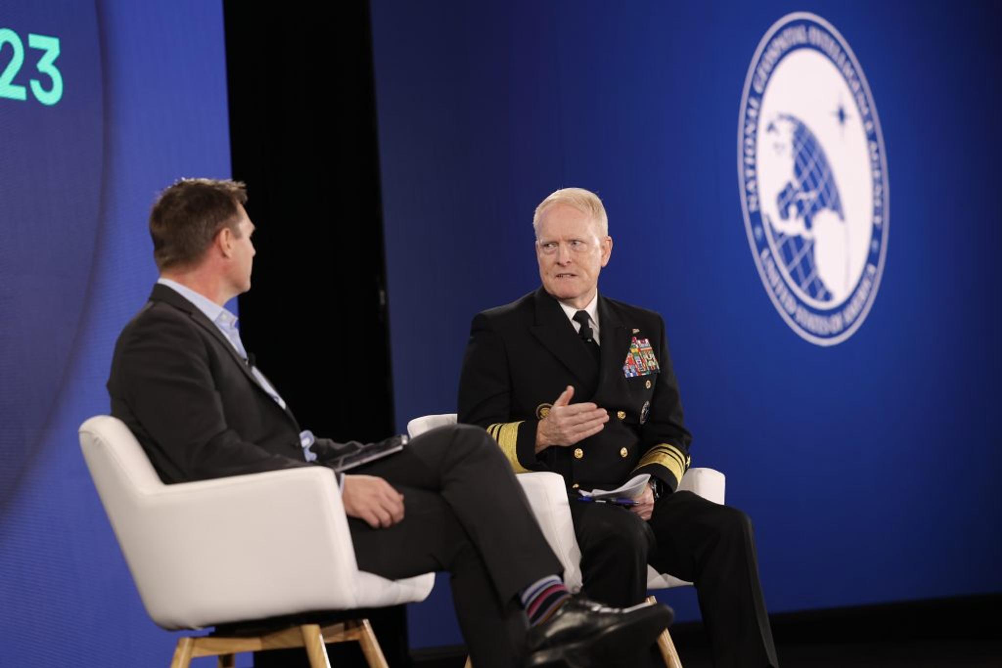 Fireside chat with Planet co-founder and Chief Strategy Officer Robbie Schingler (left) and Vice Admiral Frank Whitworth, Director of the National Geospatial-Intelligence Agency (right).