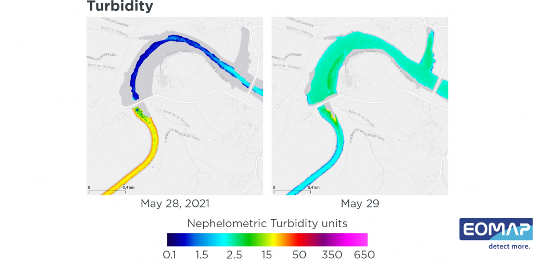 Analysis of Turbidity dynamics before and after a flushing event at the Verbois hydropower plant between 28 May 2021 and 29 May 2021. Image credit: EOMAP