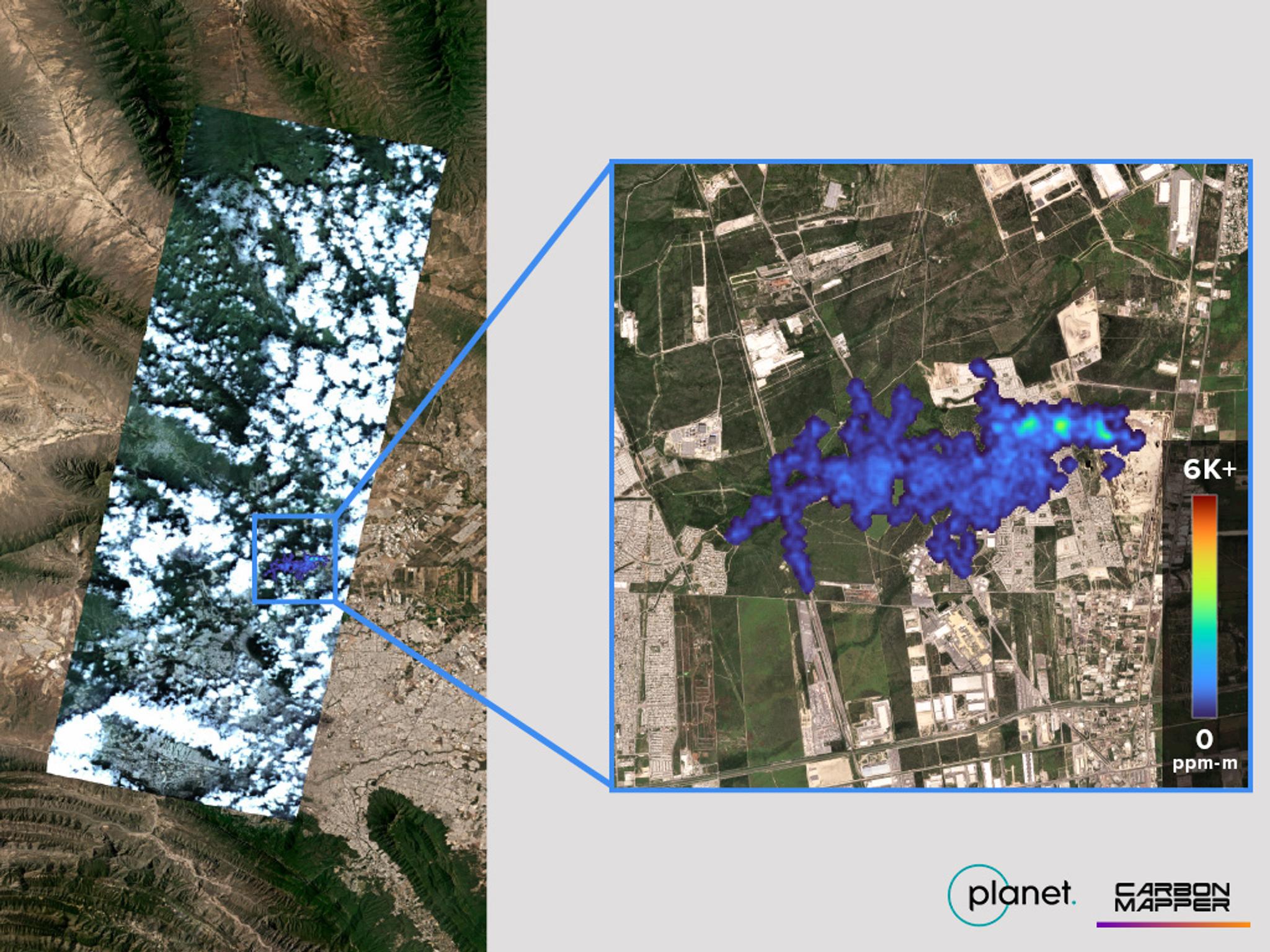 Left - the Tanager scene shows a cloudy sky with a plume detectable between gaps in the clouds. Right - the Carbon Mapper plume shows methane emissions stemming from a landfill. The preliminary methane emissions estimate is approximately 2,546 kilograms of methane per hour.