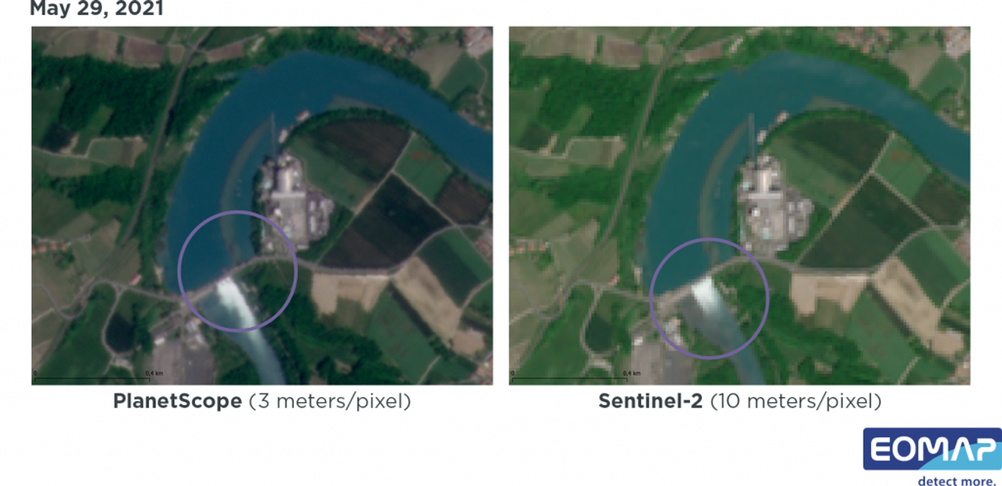 Side-by-side comparison of 3 meter PlanetScope and 10 meter Sentinel-2 data showing water dynamics at the Verbois hydropower plant on May 29, 2021. Image credit: EOMAP