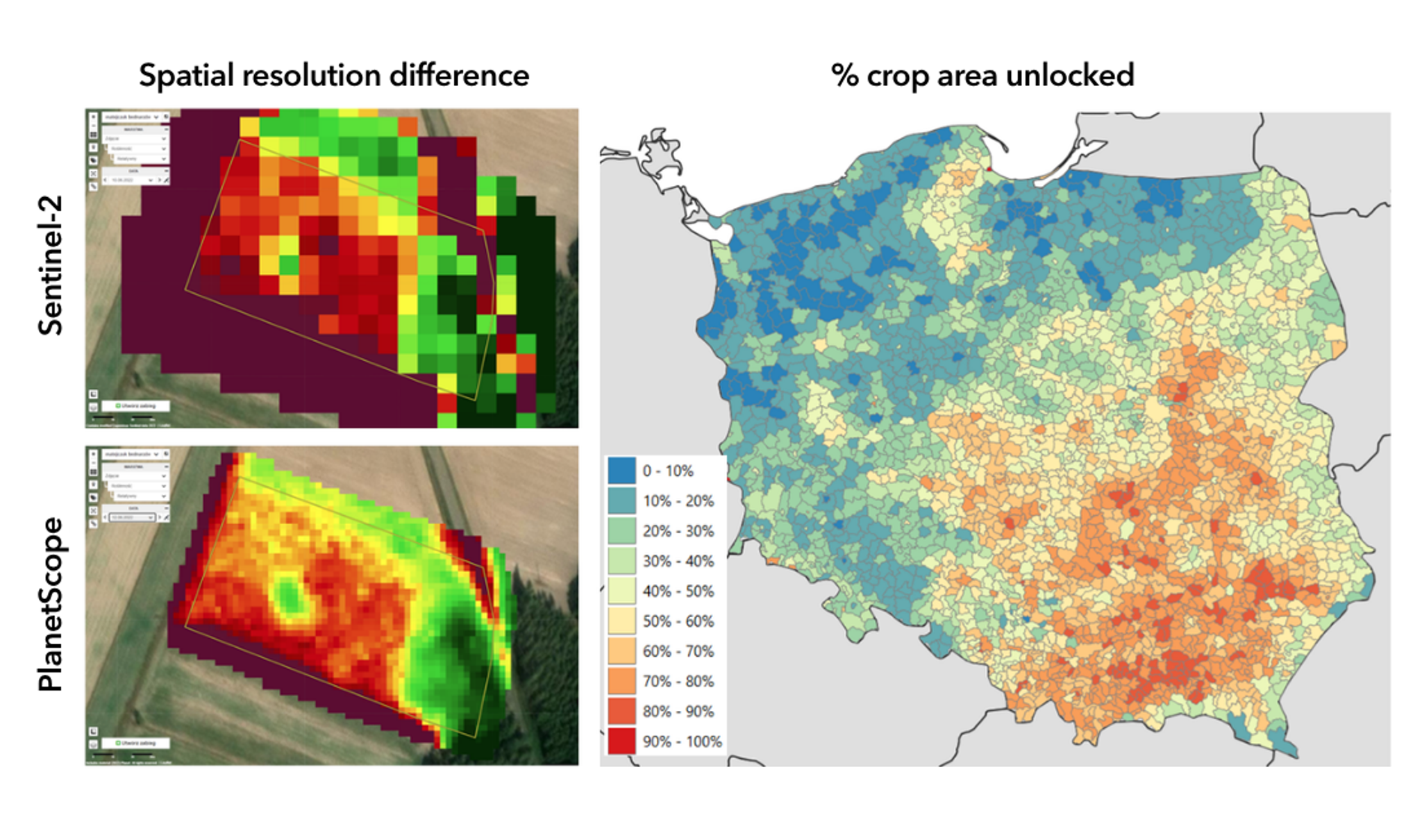 Percent of additional crop area unlocked for satellite-informed precision treatments due to availability of 3 m PlanetScope data, compared to the 10 m Sentinel-2 data baseline.