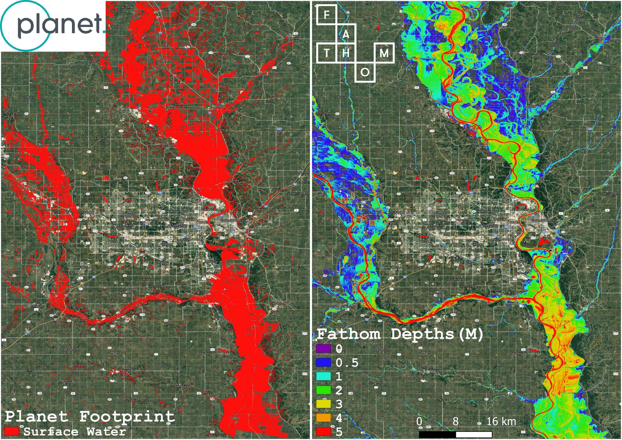 Fathom analysis of surface water of Nebraska floods on 4-band PlanetScope imagery © 2019, Planet Labs Inc. All Rights Reserved.