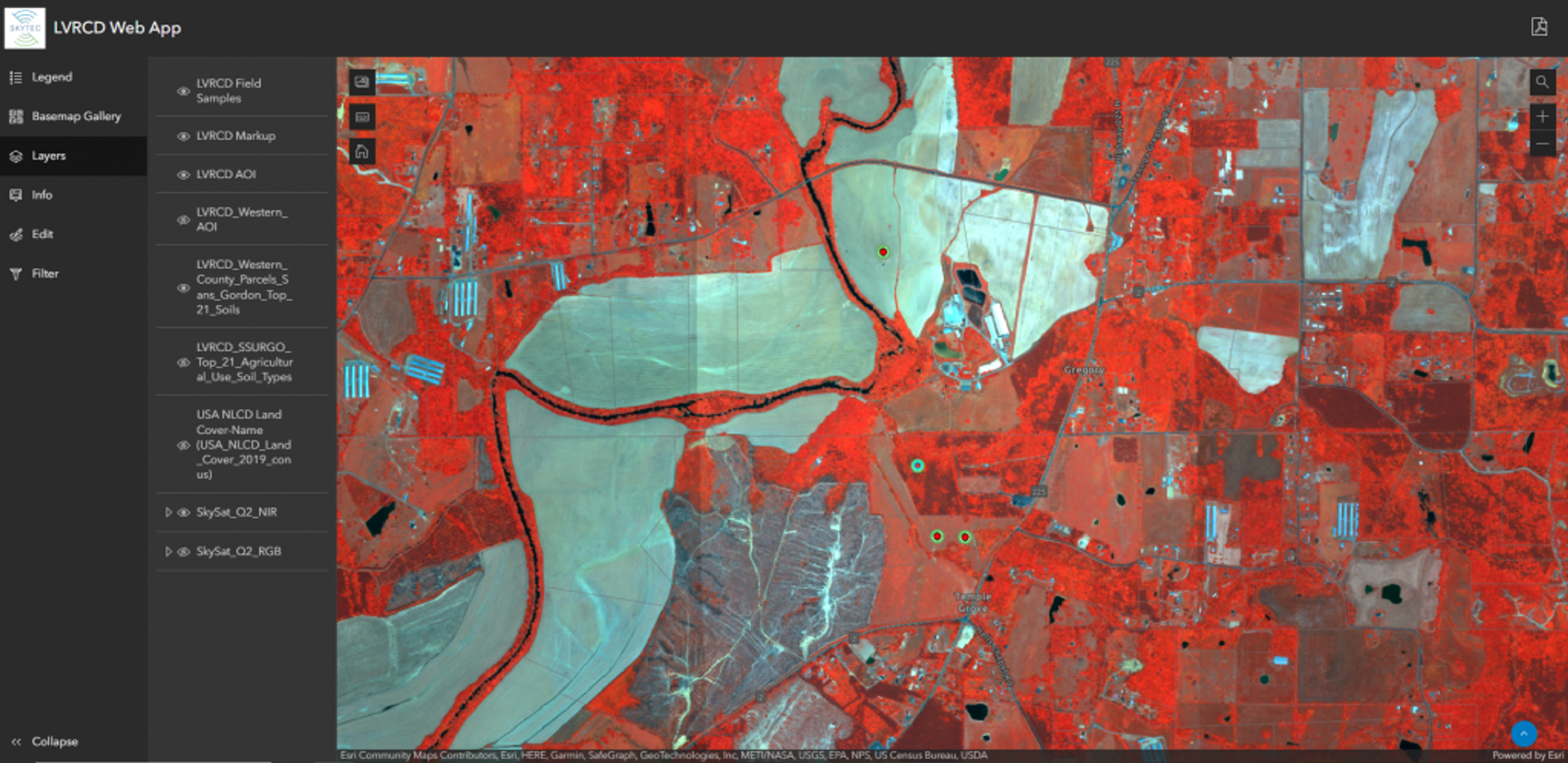 The custom web app Skytec built for Limestone Valley RC&D showing soil samples and tasked SkySat rendered as a NIR composite image.