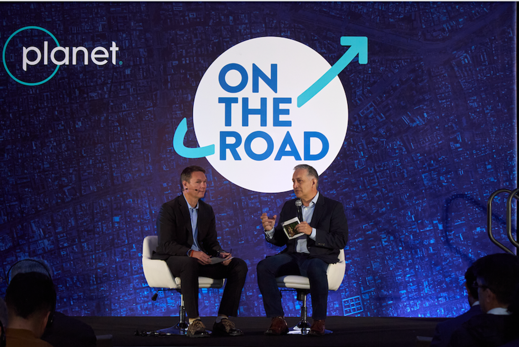 Robbie Schingler, Planet Co-Founder and Chief Strategy Officer (left), hosts a fireside chat with Guillermo Ocampo, National Digital Transformation Officer at Microsoft (right), at On The Road Bogotá.