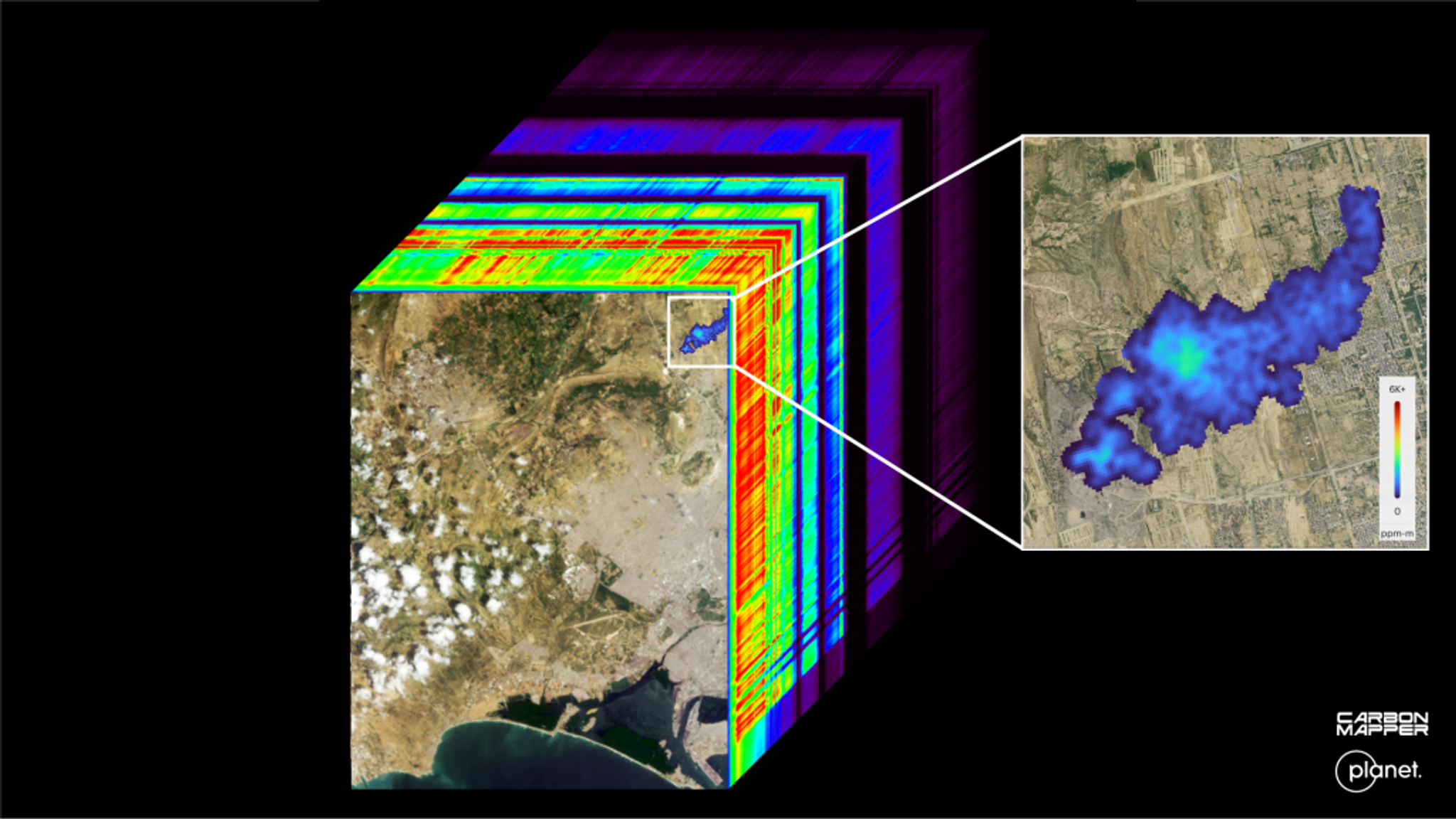 Left — the first methane plume detected in Tanager-1’s First Light hyperspectral data cube (previously released by Planet Labs). Right — a zoomed-in detail of the methane plume detected at a landfill in Karachi, Pakistan on September 19, 2024. Carbon Mapper’s preliminary estimate of the emission rate is 1,200 kg CH4 /h. Planet Basemap courtesy of Planet Labs. This first methane detection came within hours of the satellite overpass — days after the satellite’s instrument was activated and satellite commissioning and calibration was just getting underway.