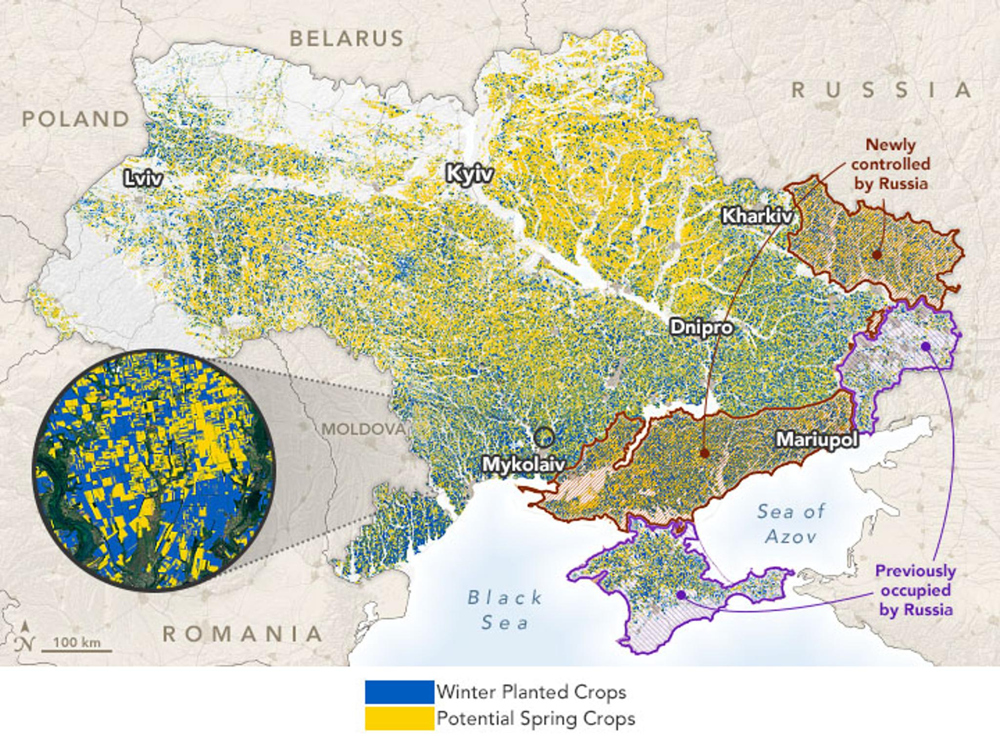 NASA Harvest leveraged Planet's data to map the health of Ukraine's seasonal grain, and reported that 22% of the country's grain is now under Russian control, as of June 2022. 