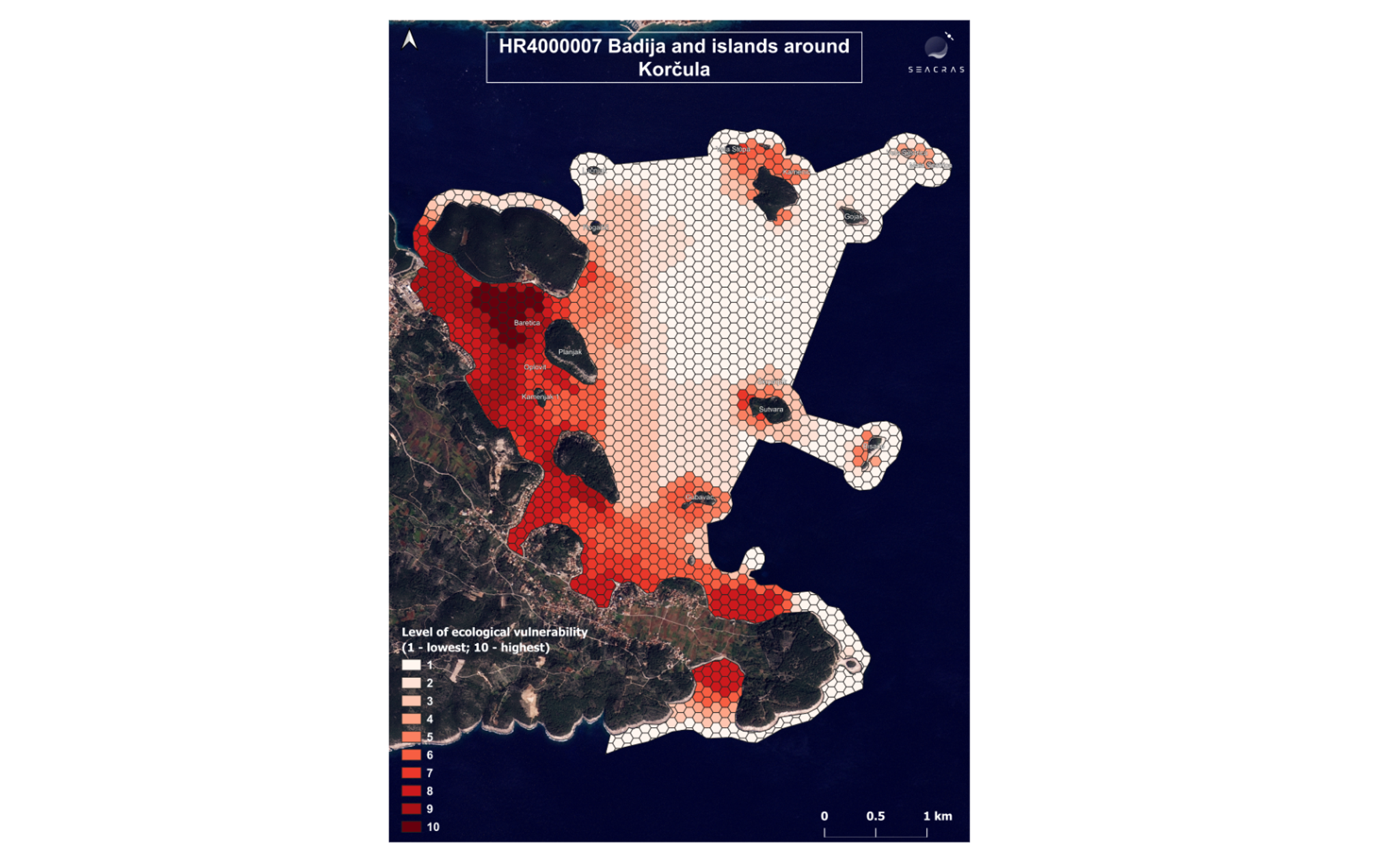 Ecological vulnerability of the MPA: Badija and Korčula island, Natura 2000 site, Site ID: 555578798.