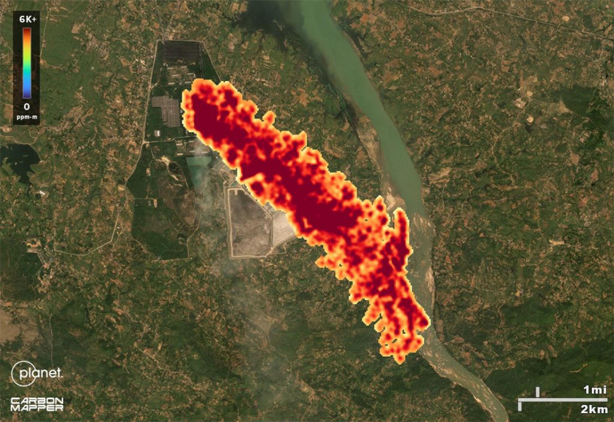 Carbon Mapper detections from Planet Labs’ Tanager-1 satellite show CO2 from electricity generation in Singrauli, Madhya Pradesh, India, on Nov. 1. Carbon Mapper’s preliminary estimated source emission rate is 838,000 kilograms per hour of carbon dioxide. The Tanager-1 satellite was built and is operated by Planet Labs PBC as part of the Carbon Mapper Coalition.