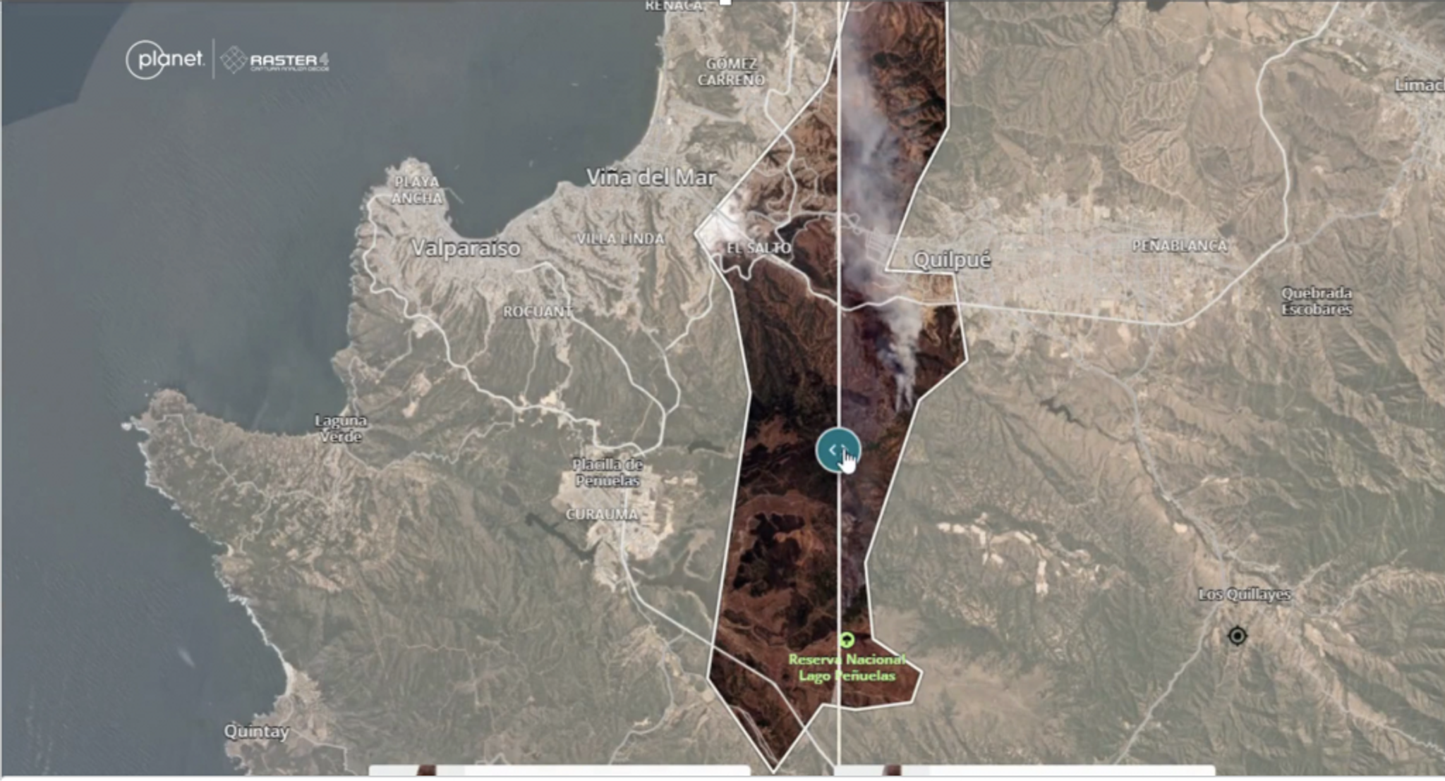 Imagery from the Planet Insights Platform displaying a Chilean wildfire with Raster4's analysis. 