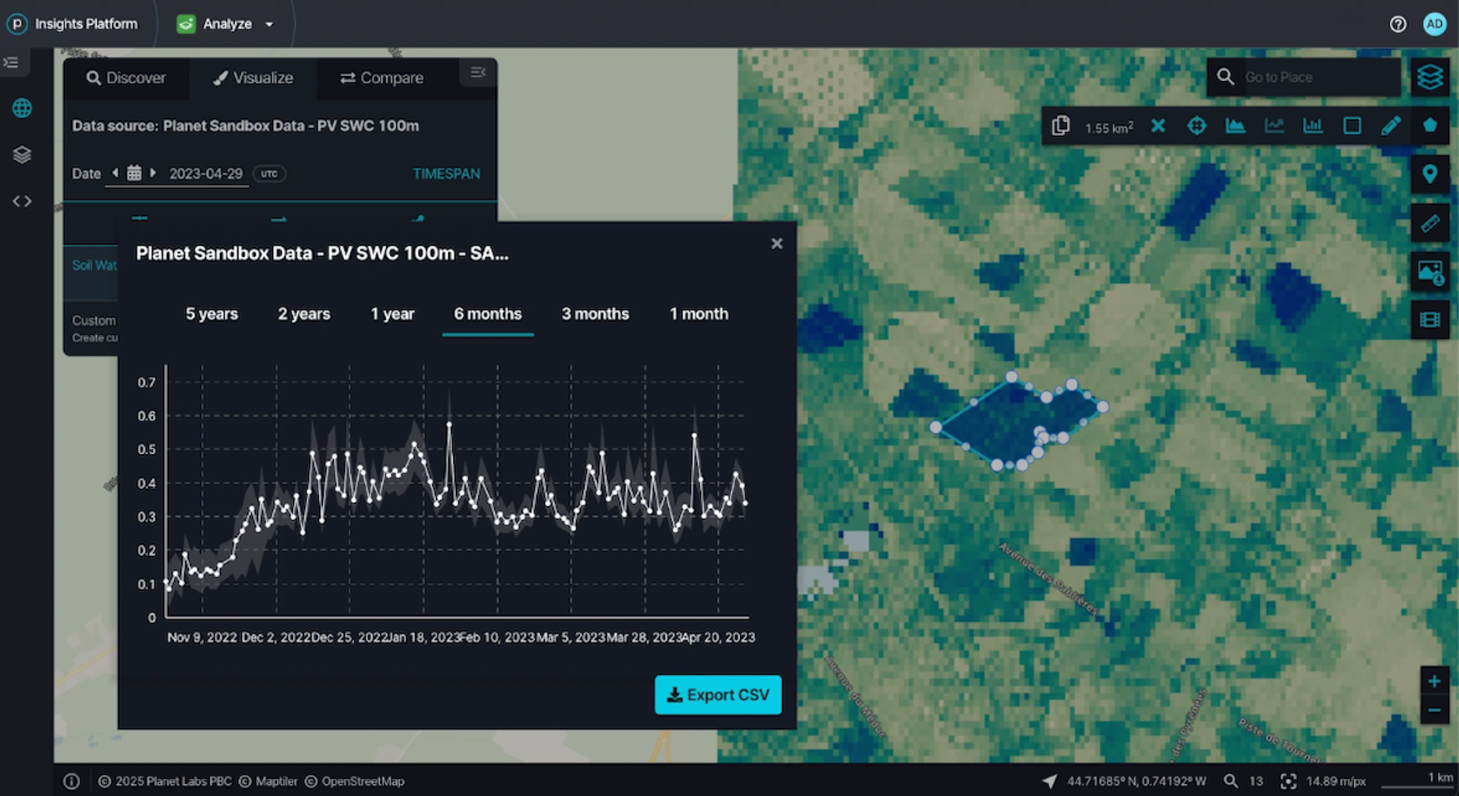 Browser interface showing time series chart for pixel analysis with Export CSV option.