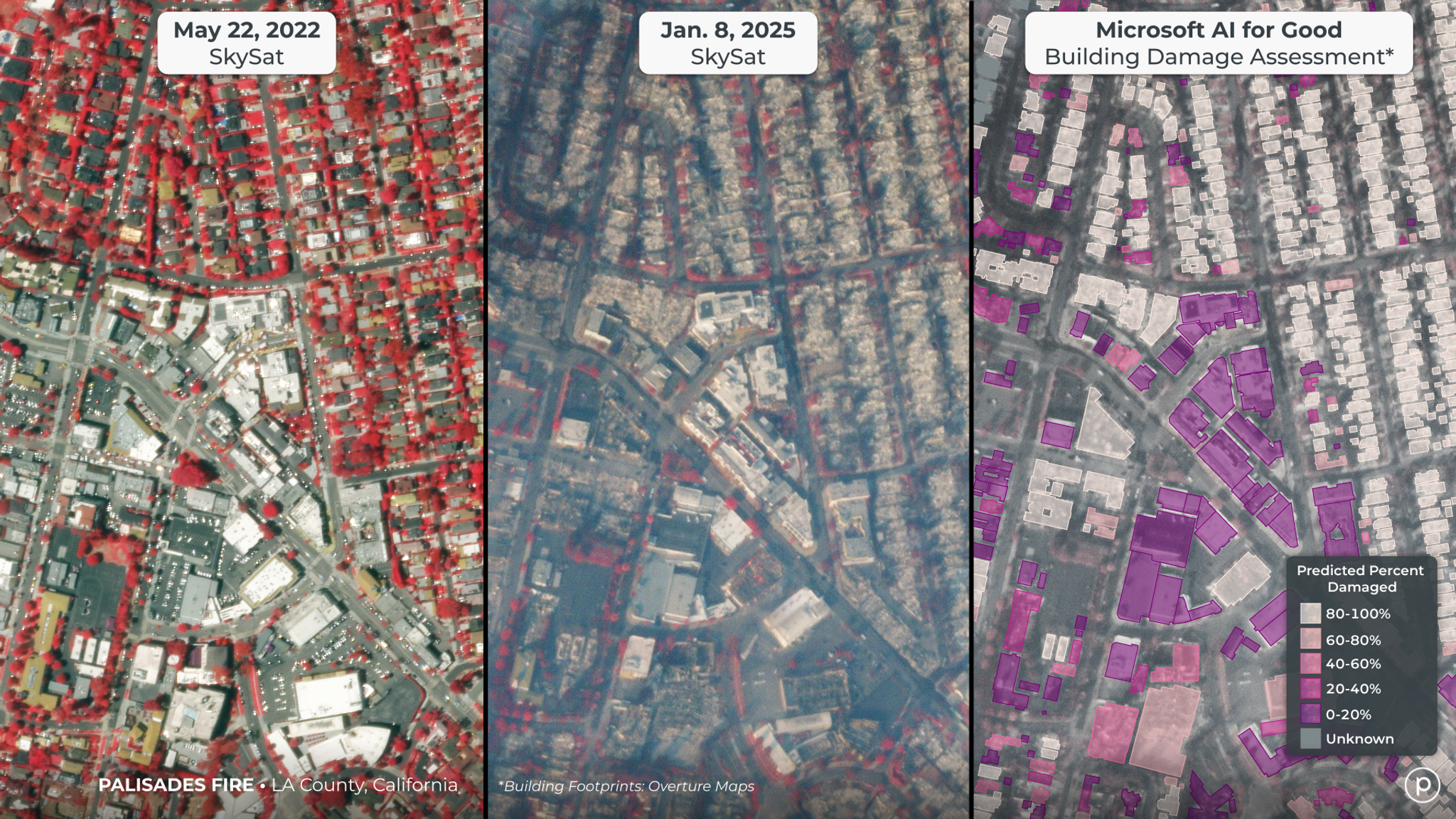 Building damage assessment produced by Microsoft’s AI for Good, using Planet data.