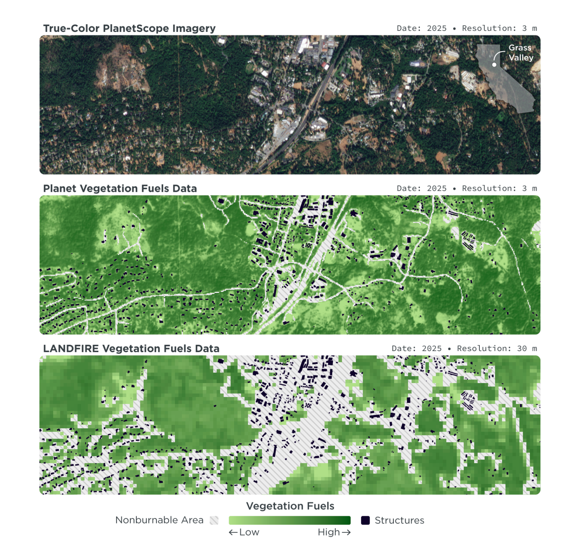 Comparison of periodically updated, 30 m LANDFIRE vegetation fuels with quarterly-updated, 3 m Planet vegetation fuels for wildfire assessment and modeling. (Structures data source: Overture Maps Foundation, overturemaps.org.)