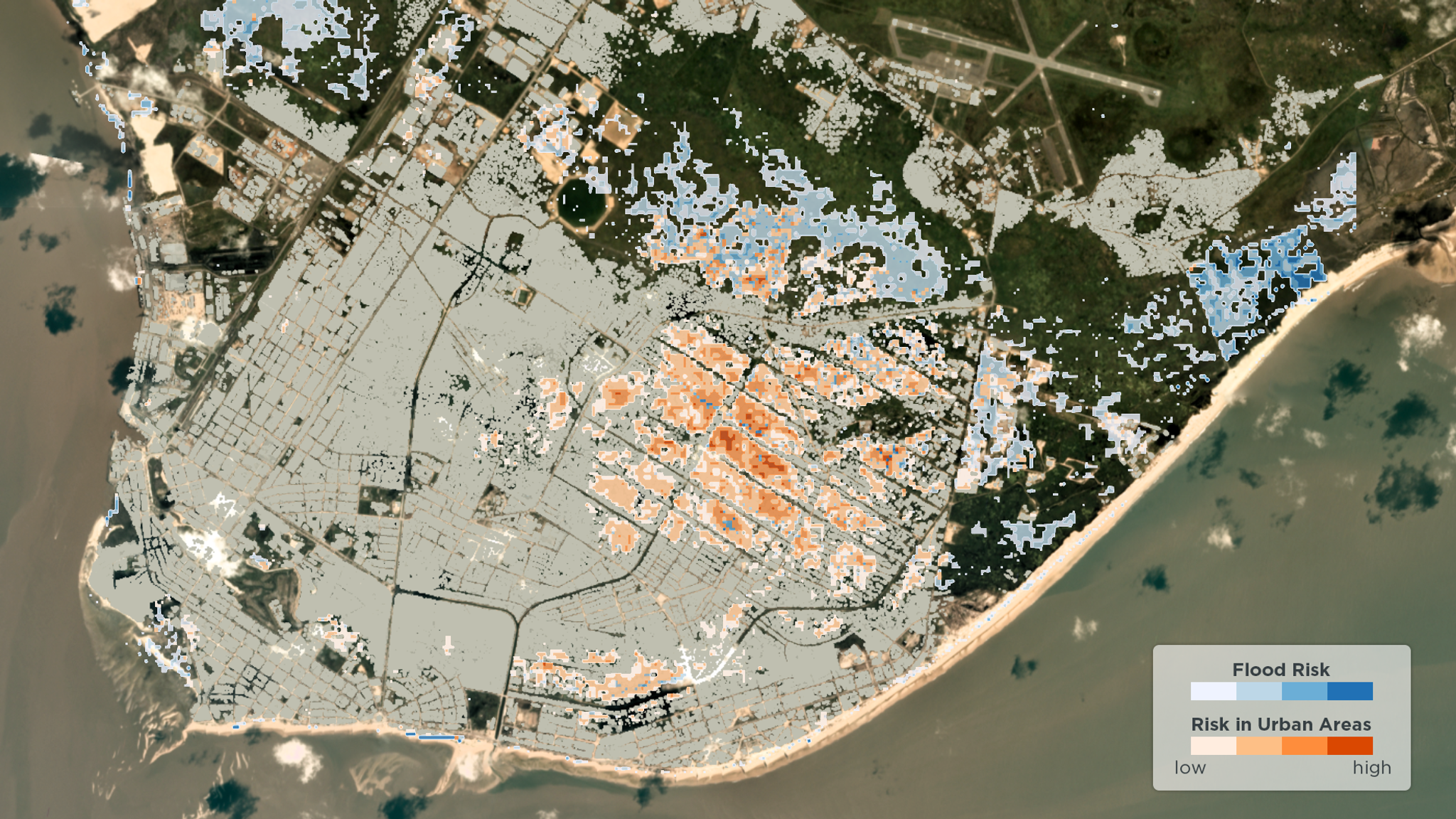 Cloud to Street used historical data and Planet’s unique analytics to show structures at risk from flooding in Beira, Mozambique. © 2020, Planet Labs Inc. All Rights Reserved.