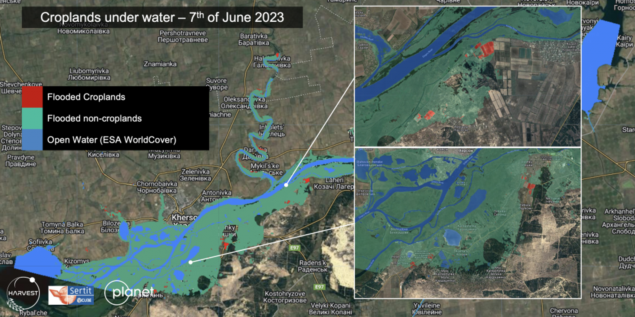 In partnership with Planet and SERTIT, NASA Harvest was able to produce a comprehensive map of flooded croplands, flooded villages, and open water, providing critical information for the Ukrainian Ministry of Agriculture and humanitarian response.