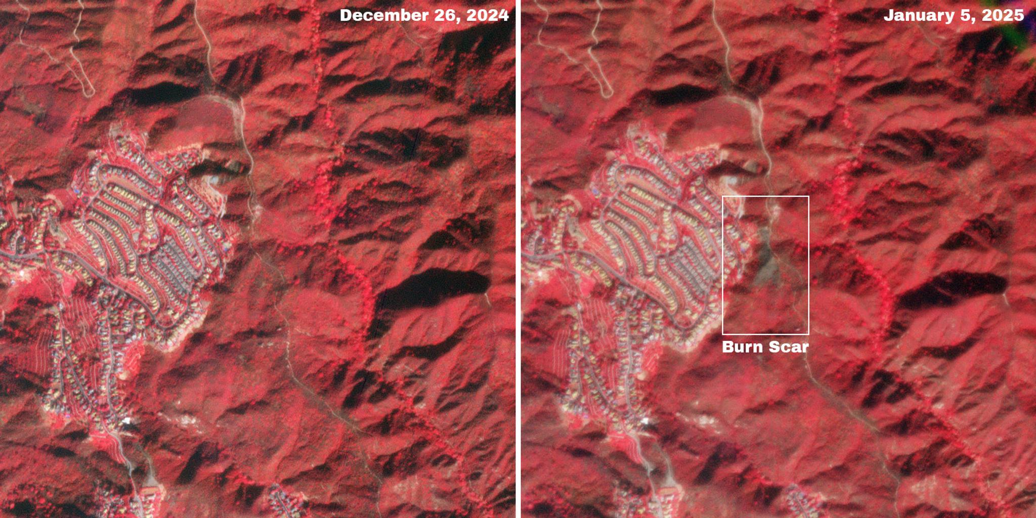 As analyzed by the Washington Post, the burn scar from the previous fire in the Palisades is visible in the January image from this pair of false-color PlanetScope images. In these images, healthy vegetation appears bright red, while burned areas and bare ground look brown.