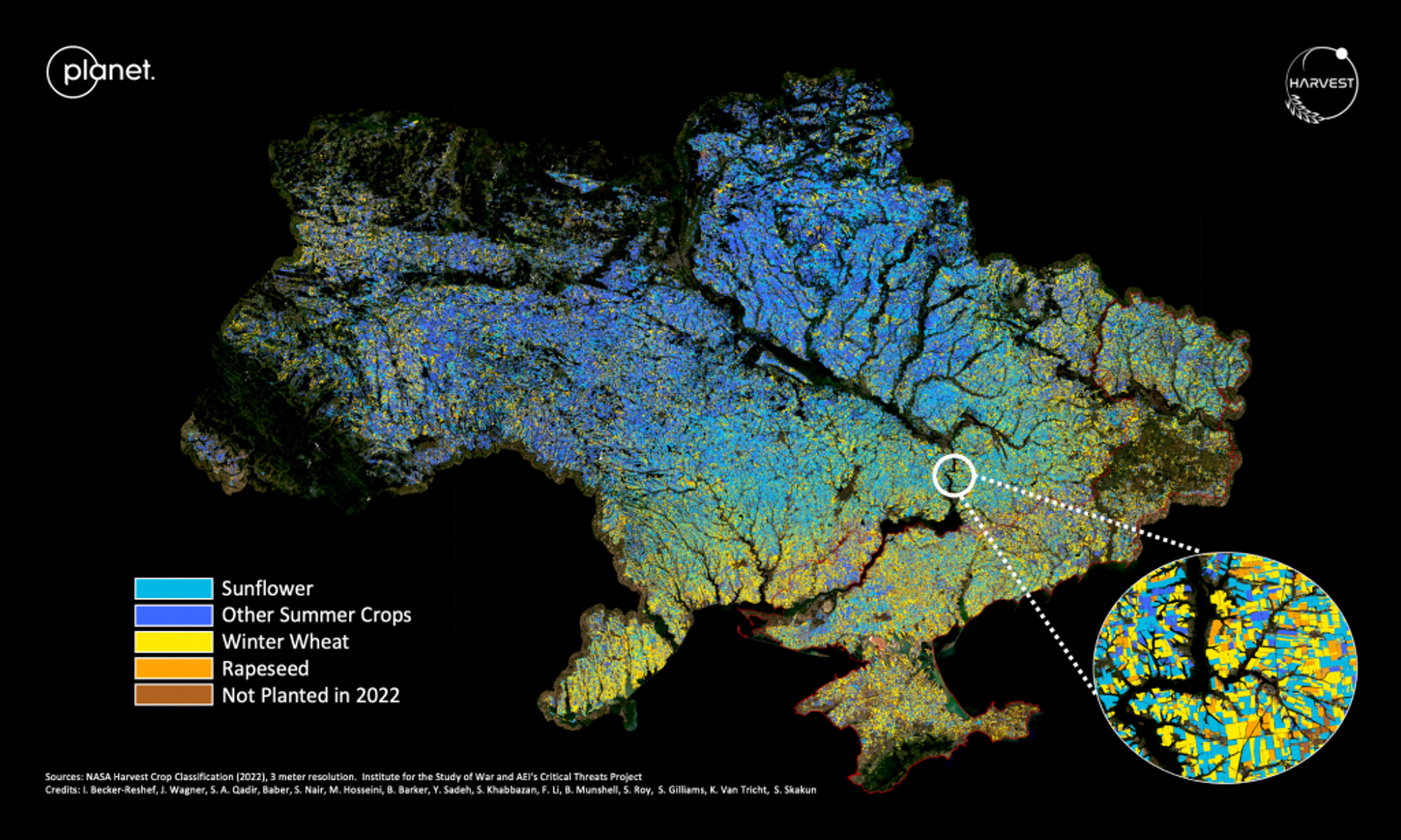 Crop type classification map, Ukraine, 2022 || This 2022 crop type classification map of Ukraine was produced in season with 94% accuracy at 3m resolution, validated with ~4700 ground data samples. Red boundary lines denote Russian-controlled Ukrainian territory, and the various coloration across the country denotes sunflower (light blue), winter wheat (yellow), rapeseed (orange), other summer crops (dark blue), and areas not planted (brown) as of October 2022. (Map generated courtesy of: NASA Harvest; Data courtesy of: Planet, Kyiv Polytechnic, NASA, and Institute for the Study of War).