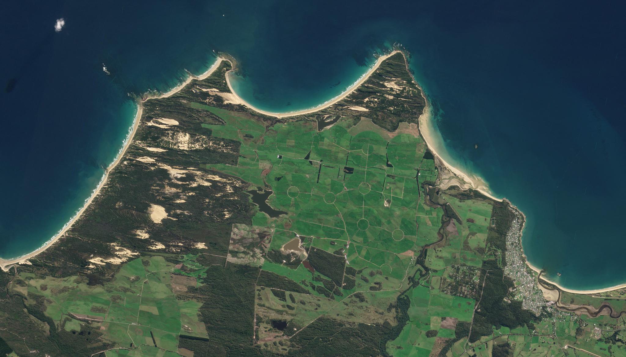 PlanetScope image of agricultural land from Bridport, Tasmania in Australia taken April 28, 2023. © 2023, Planet Labs PBC. All Rights Reserved.