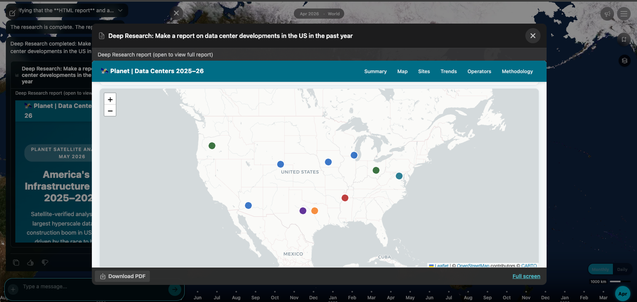 The deep research mode synthesizes satellite imagery and public data into professional, detailed reports in a fraction of the time. This shows an example of data center construction in the United States.