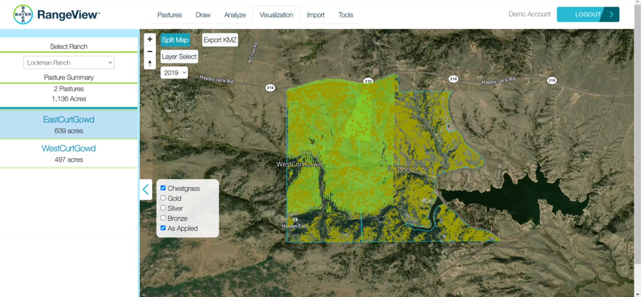 Rejuvra is an herbicide designed to stop cheatgrass at the germination stage. It was applied to a large section of this ranch using aerial application in 2019 (green shaded area).