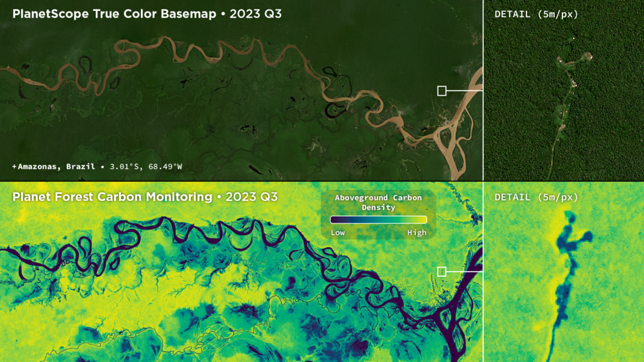 High resolution aboveground carbon density data along the Amazon River highlights the complex geography of carbon in tropical rainforests and captures detailed patterns of carbon losses at fine spatial scales.