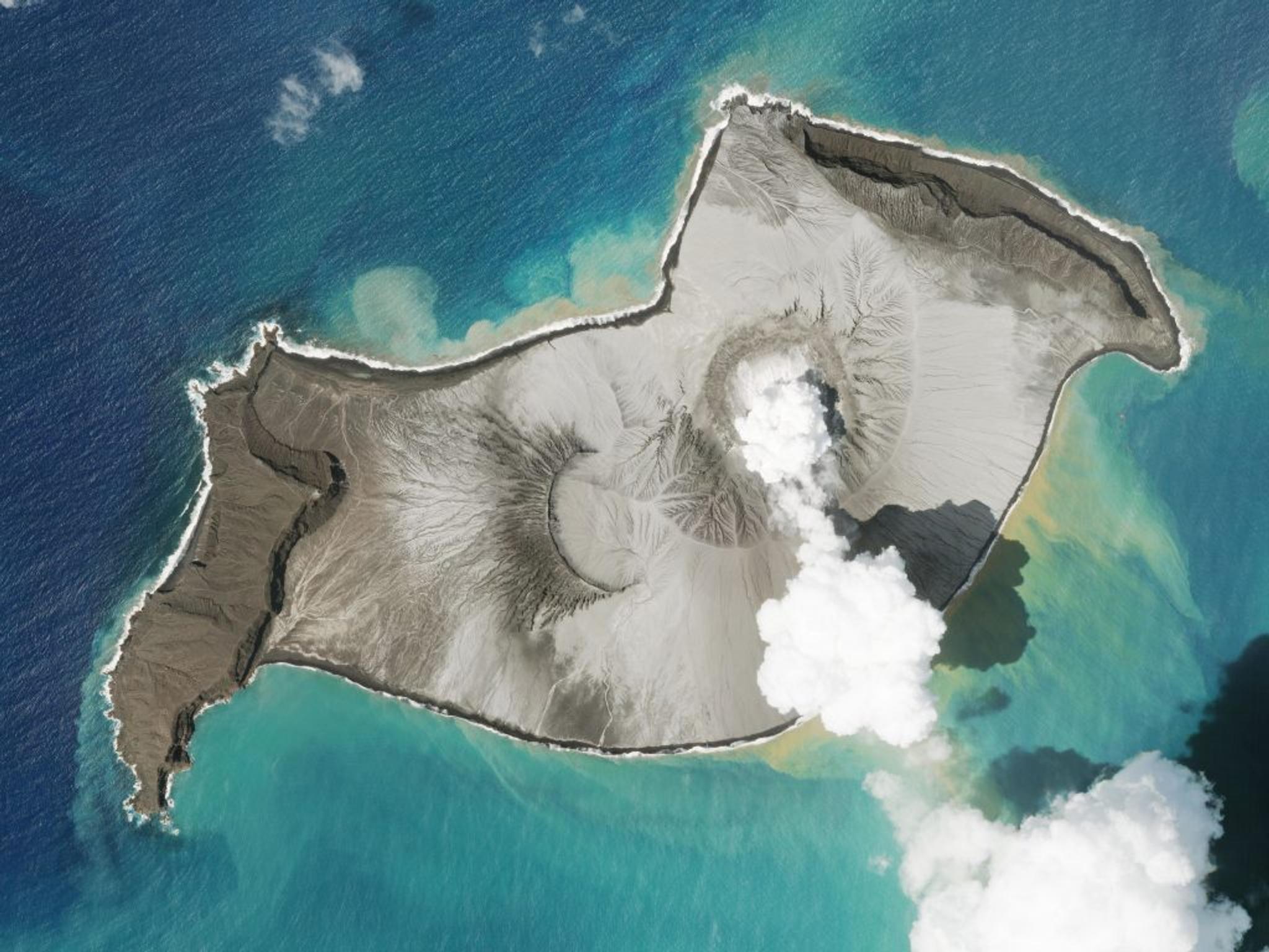 Planet SkySat image of the erupted Hunga-Tonga Hunga-Ha’apai volcano off the coast of Tonga taken January 7, 2022. This seismic activity sent a tsunami across the South Pacific, impacting many island nations.