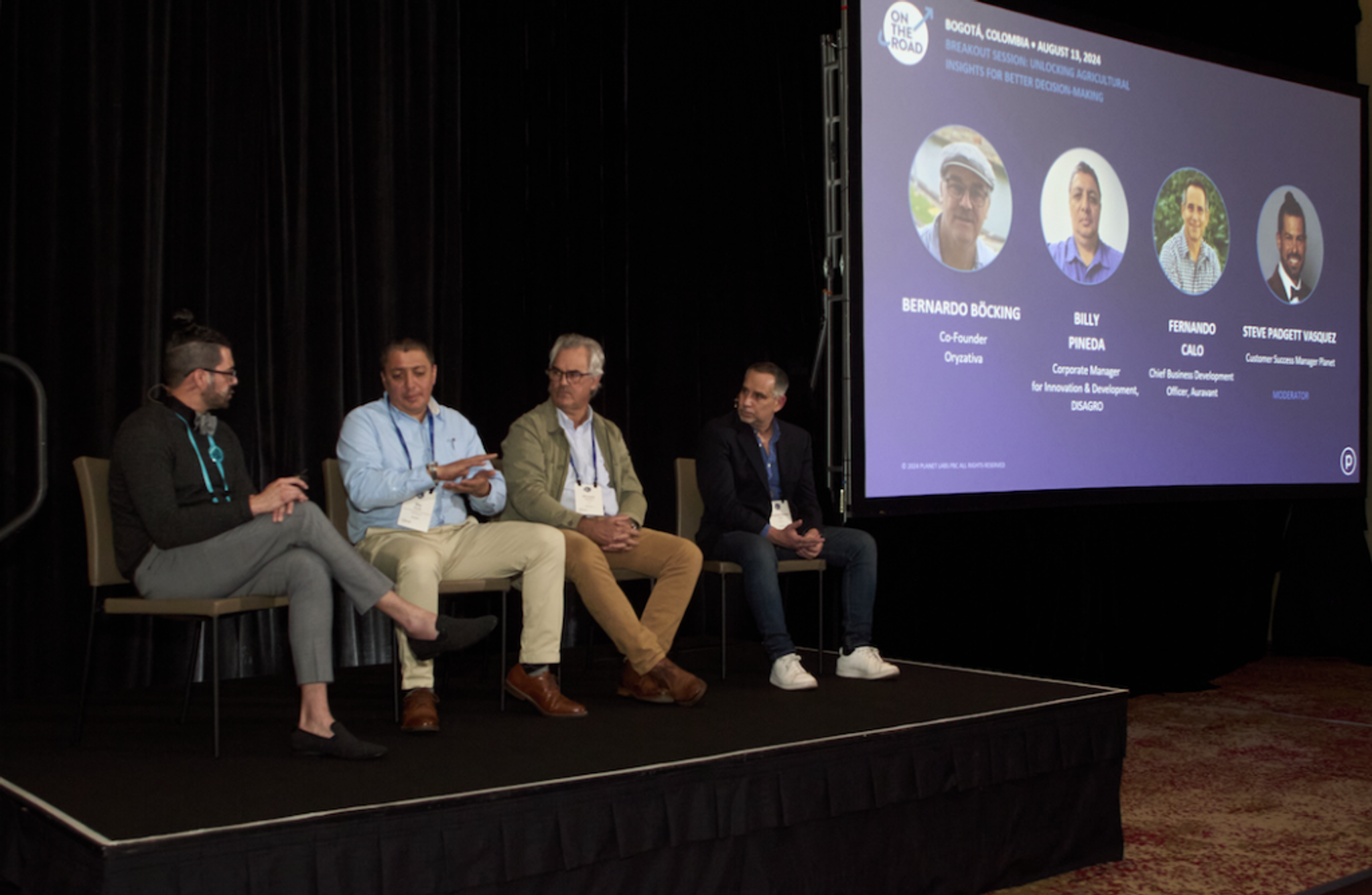 From left to right, Steve Padgett Vasquez, Customer Success Manager at Planet, Billy Pineda, Corporate Manager for Innovation and Development at DISAGRO, Bernardo Böcking, Co-Founder of Oryzativa, and Fernando Calo, Chief Business Development Officer at Auravant on stage at On The Road Bogotá.