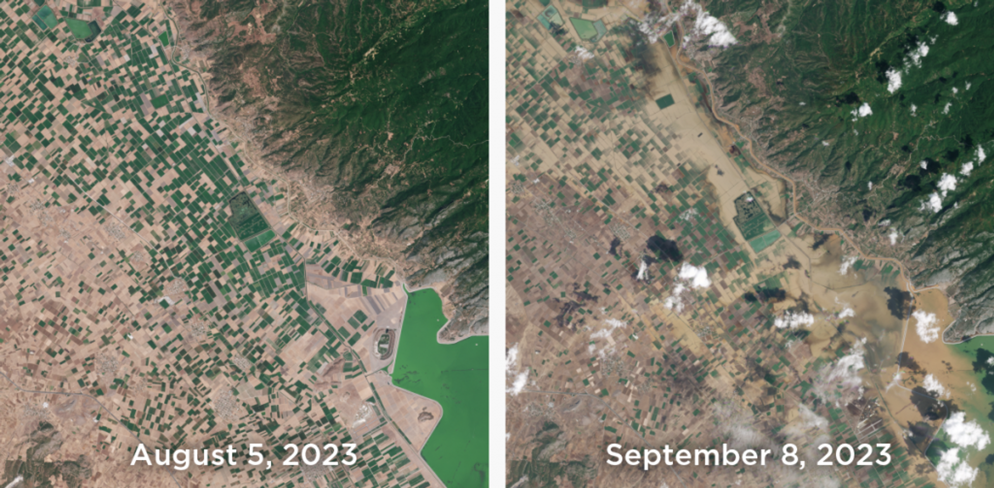 This pair of PlanetScope images shows the extent of flooding in Thessaly, Greece in early September, 2023.