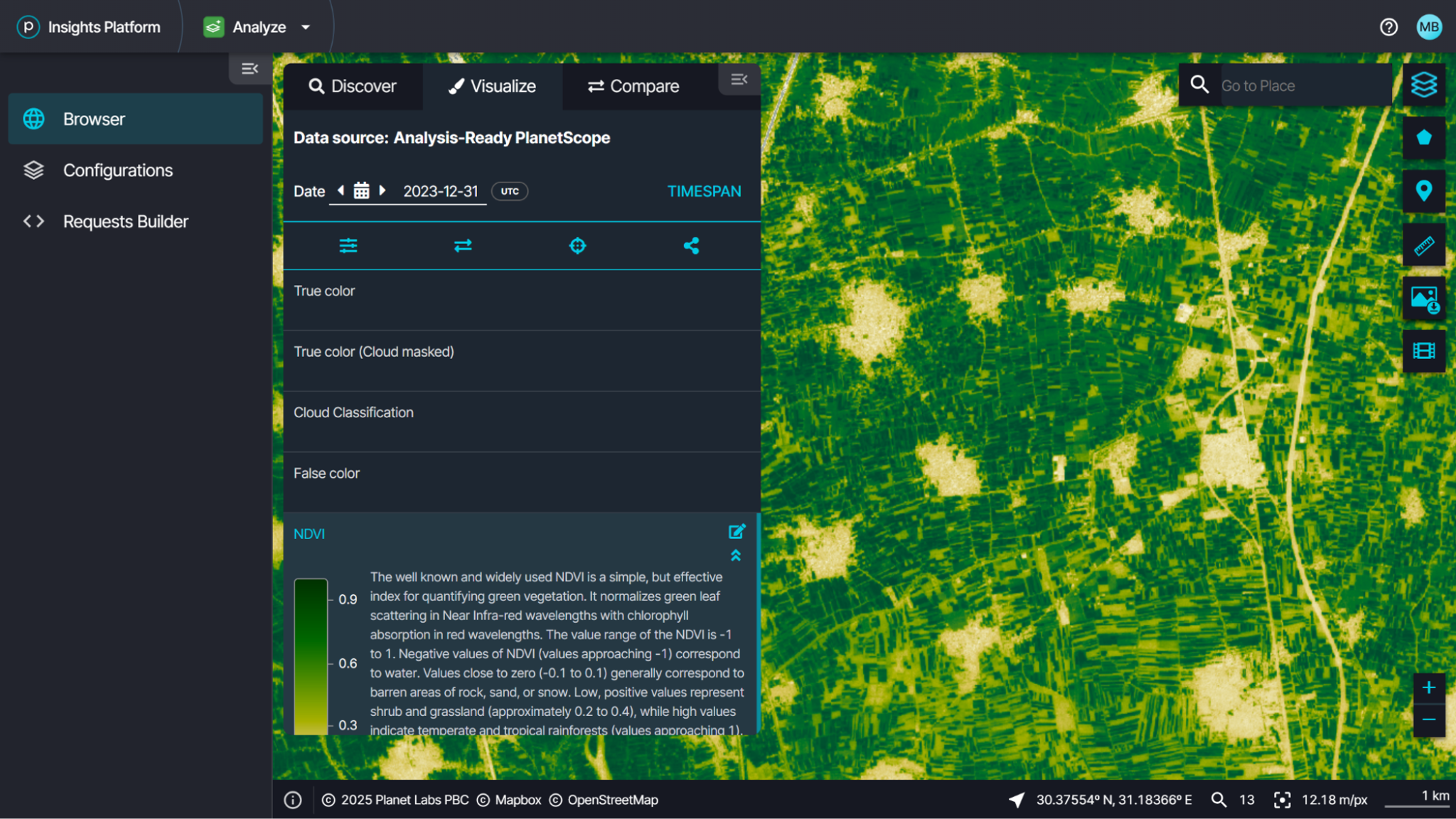 Analysis-Ready PlanetScope data with a Normalized Difference Vegetation Index (NDVI) applied in Planet Browser.