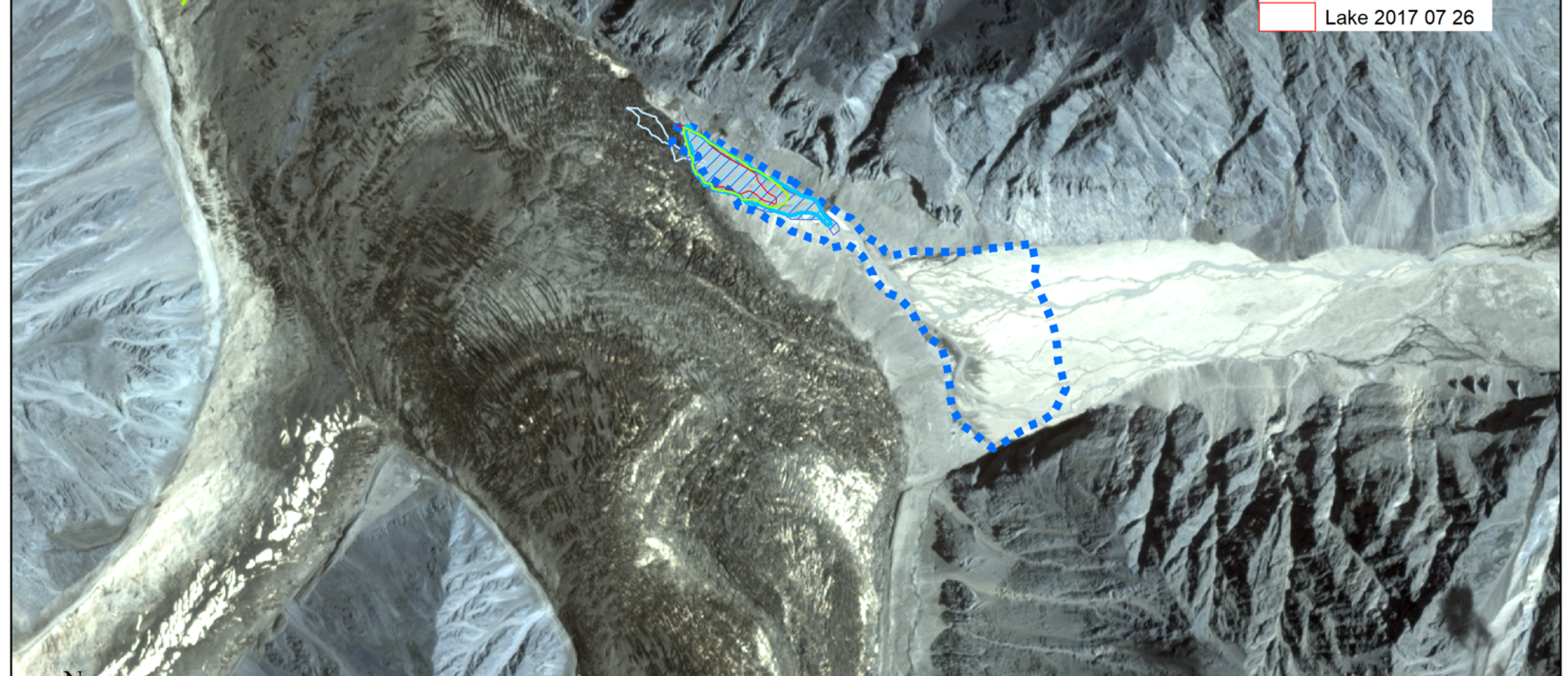 Planet imagery, used in Jakob Steiner's research, to continually map a lake over numerous months while it grows © 2017, Planet Labs Inc. All Rights Reserved.