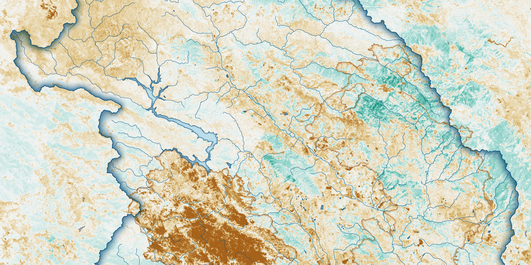 This map compares normalized difference vegetation index (NDVI) — a measure of plant health — in California’s Russian River Watershed from the first two weeks in June 2021 and 2020. © 2021, Planet Labs Inc. All Rights Reserved.