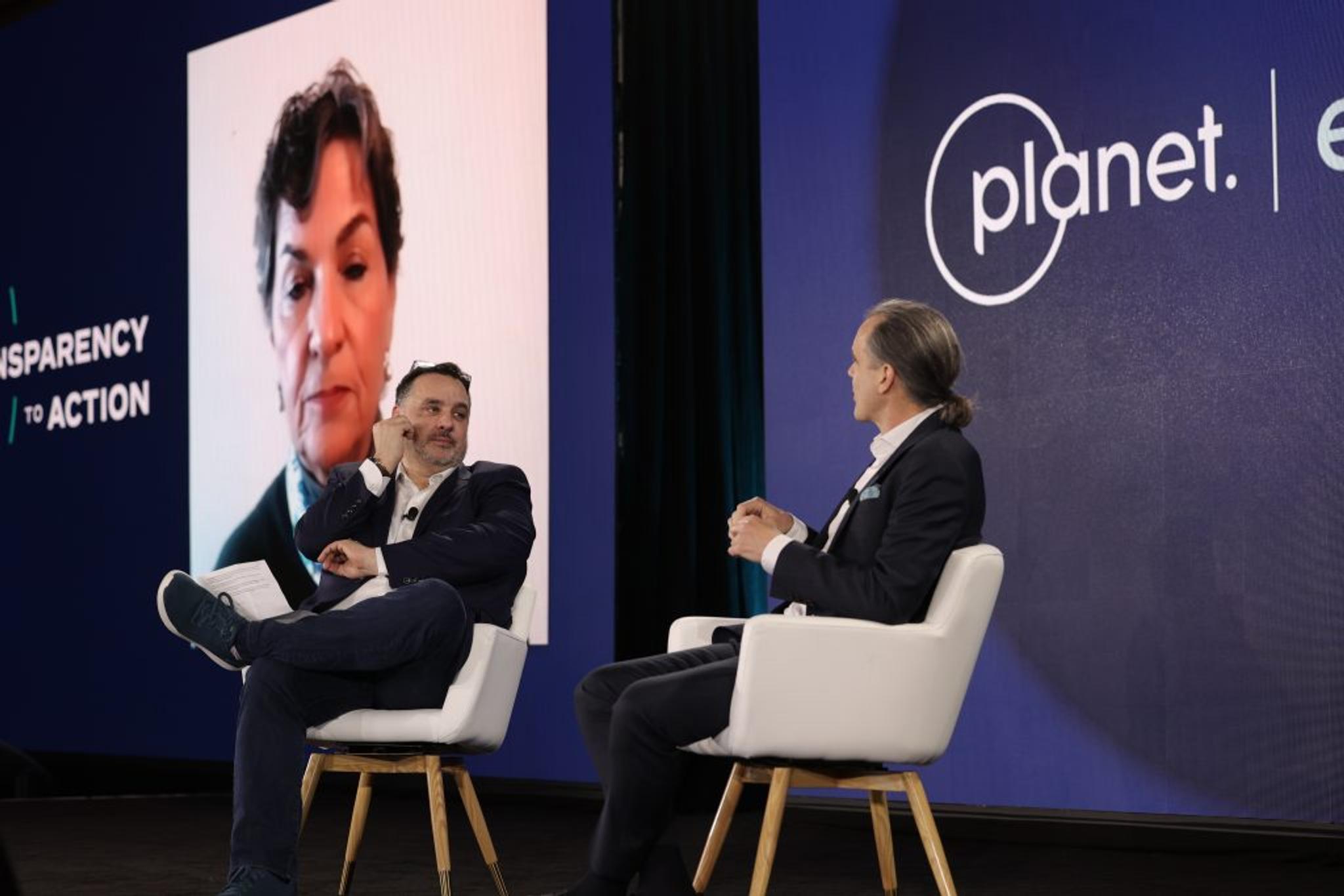 Christiana Figueres, Founding Partner of Global Optimism and Former Executive Secretary of the UN Framework Convention on Climate Change (right screen), Planet’s Chief Impact Officer, Andrew Zolli (middle), and Enric Sala, National Geographic Explorer in Residence (right).