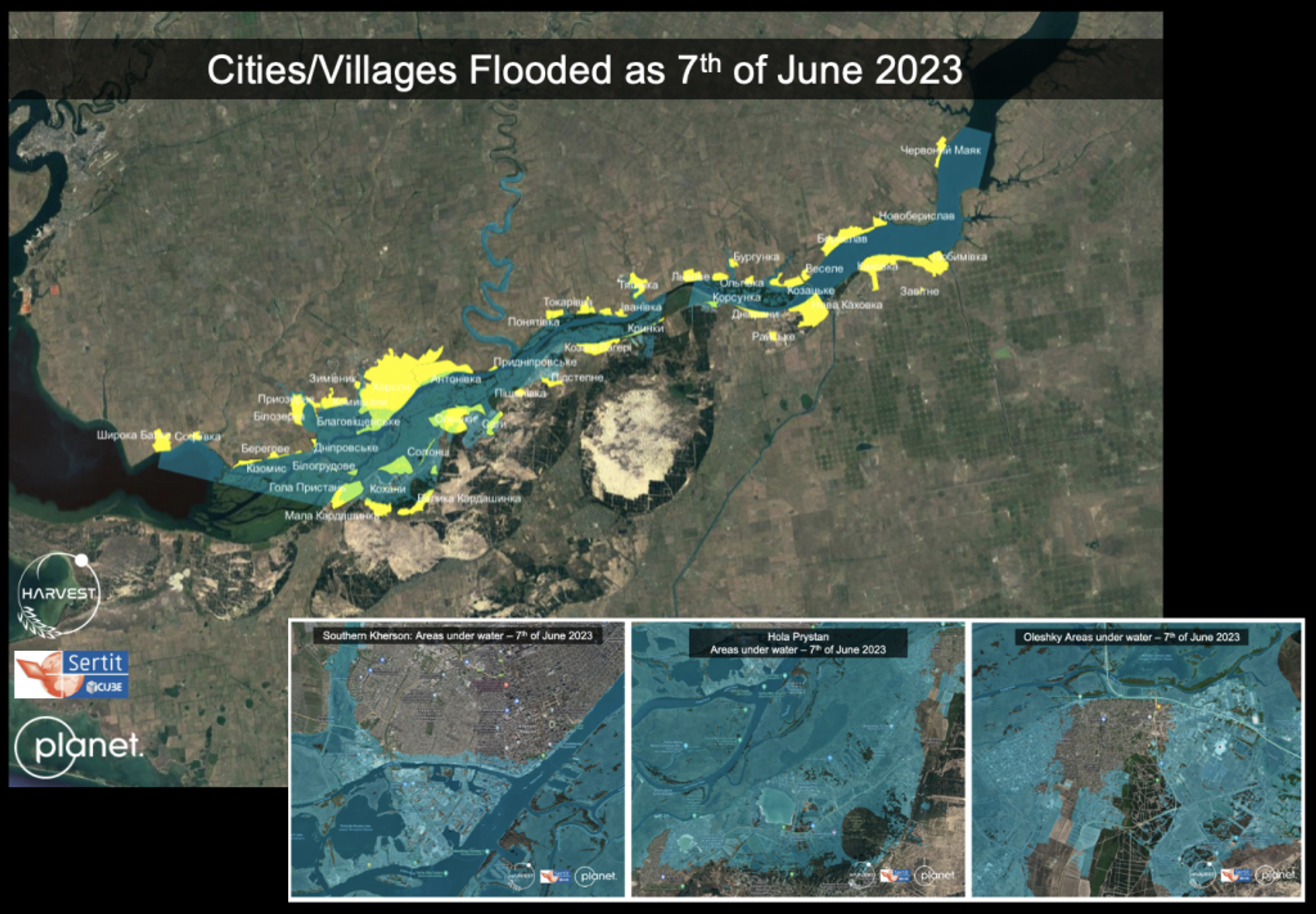 Communities surrounding the Kakhovka Dam experienced severe flooding, resulting in a still-developing humanitarian and ecological crisis. Earth observation data shows the widespread havoc caused by the dam’s collapse, with yellow areas indicating flooded villages/cities.