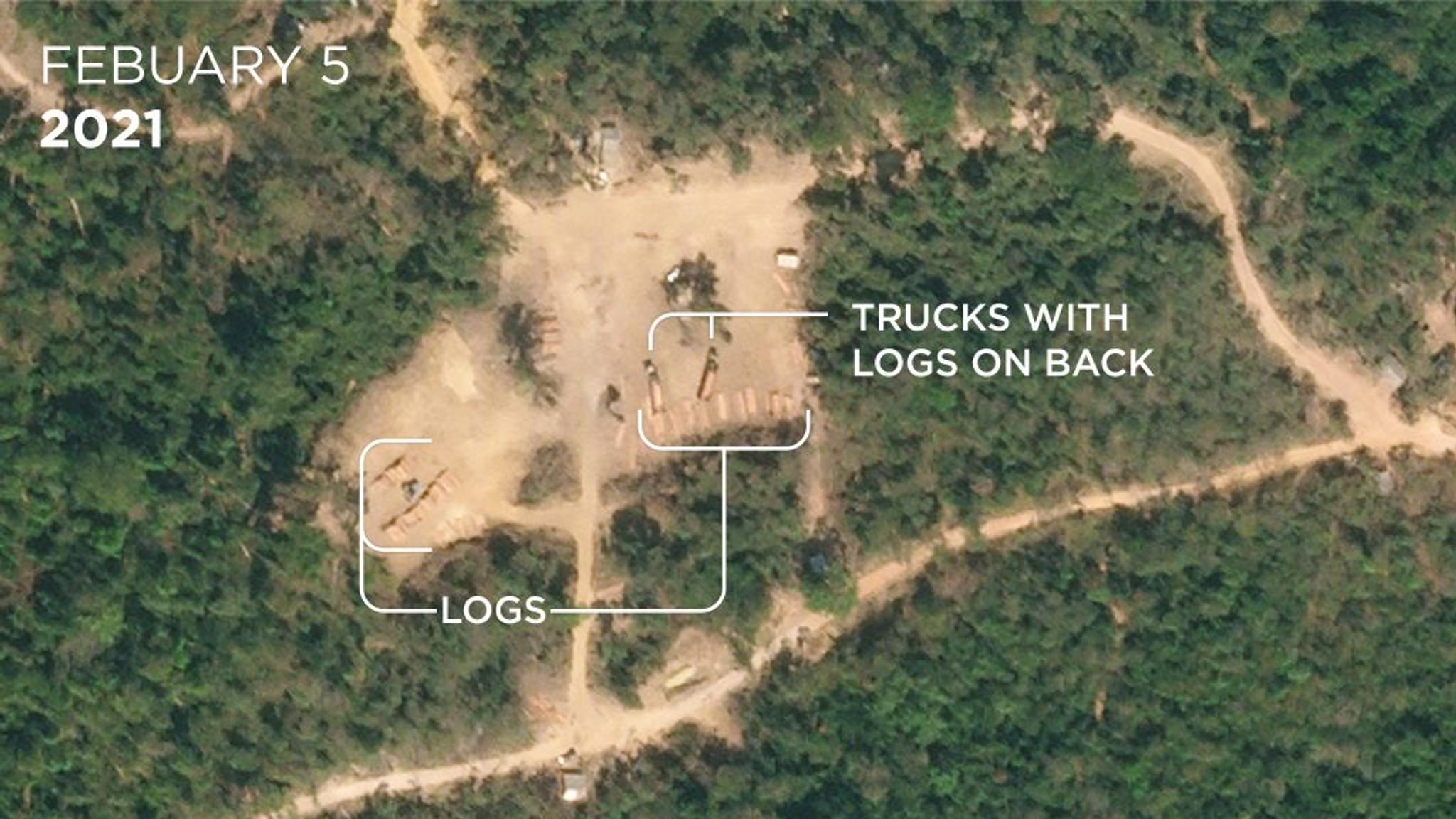 New road construction leading into the Prey Lang Wildlife Sanctuary captured in PlanetScope imagery between January 2020 and January 2021. Planet SkySat on February 5, 2021 then captured high resolution imagery of the new clearing, showing piles of logs and loaded trucks. While this clearing is outside of the sanctuary, some of the tracks from this clearing lead directly into Prey Lang. Annotations courtesy of Amnesty International.