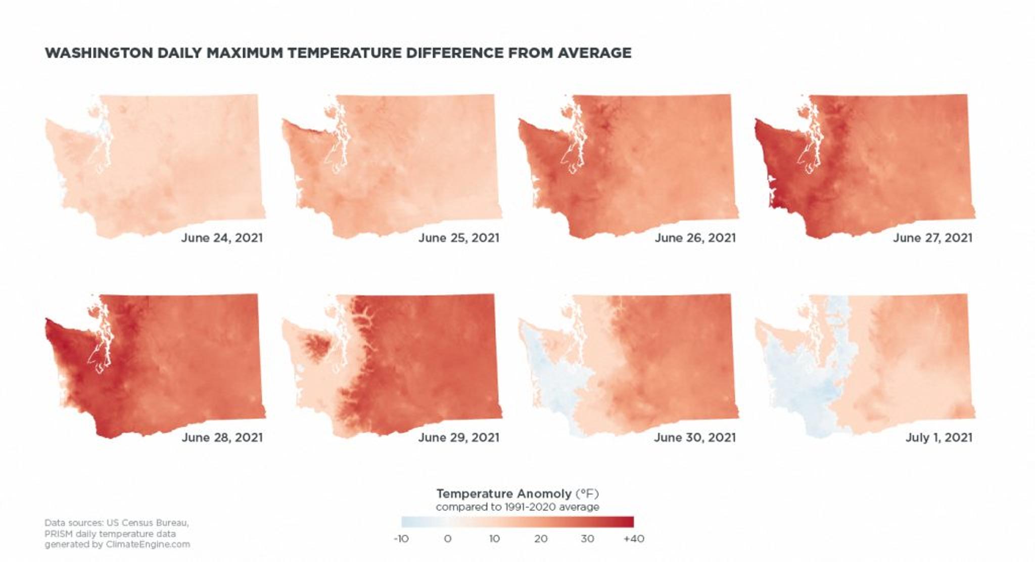 This figure shows the spatial and temporal progression of the abnormal heat across Washington from June 24, 2021, through July 1, 2021. Data generated by ClimateEngine.com with modification by Max Borrmann under Creative Commons License.