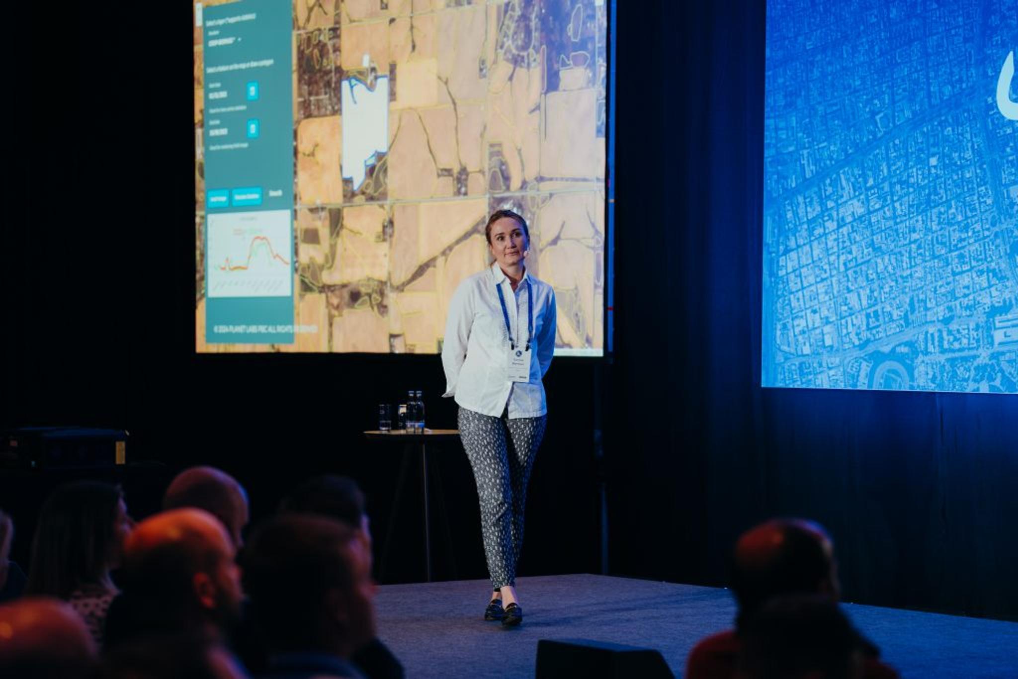 Image of Caroline Biermann, Planet Director of Product, Customer Platform, providing a Planet Insights Platform demonstration at On The Road Berlin.