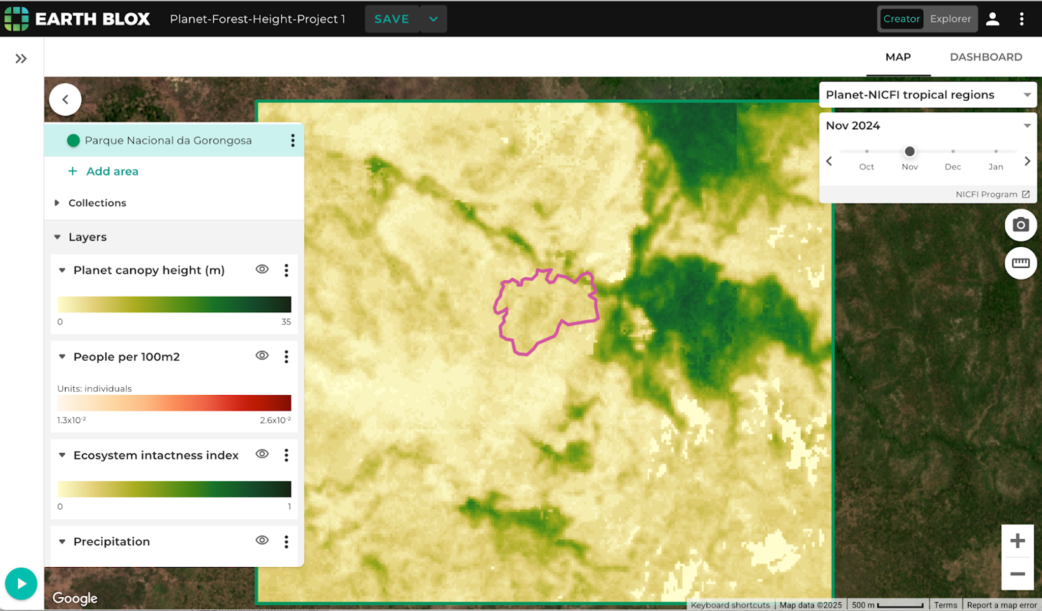 Geospatial analytics on the BeZero Carbon Markets platform. Blue heatmap shows the distribution of statistically matched control areas, constructed and monitored by BeZero to determine the additionality of carbon projects and strength of their carbon accounting. Project area mapped in white. Background imagery from Planet Labs (Q3’2024).