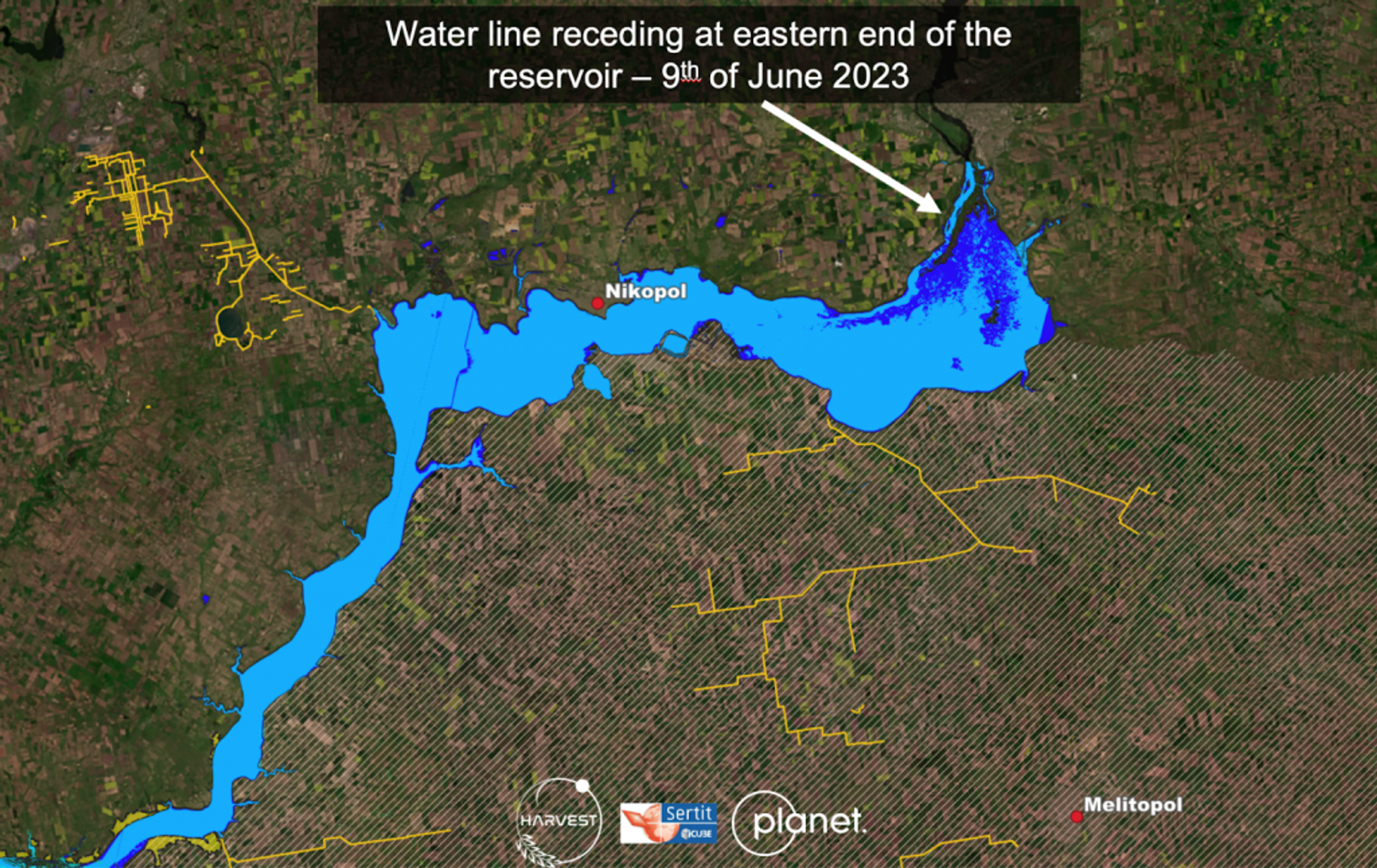 As of June 9th, 2023 satellite imagery shows flood waters receding from the northeast regions of Ukraine.