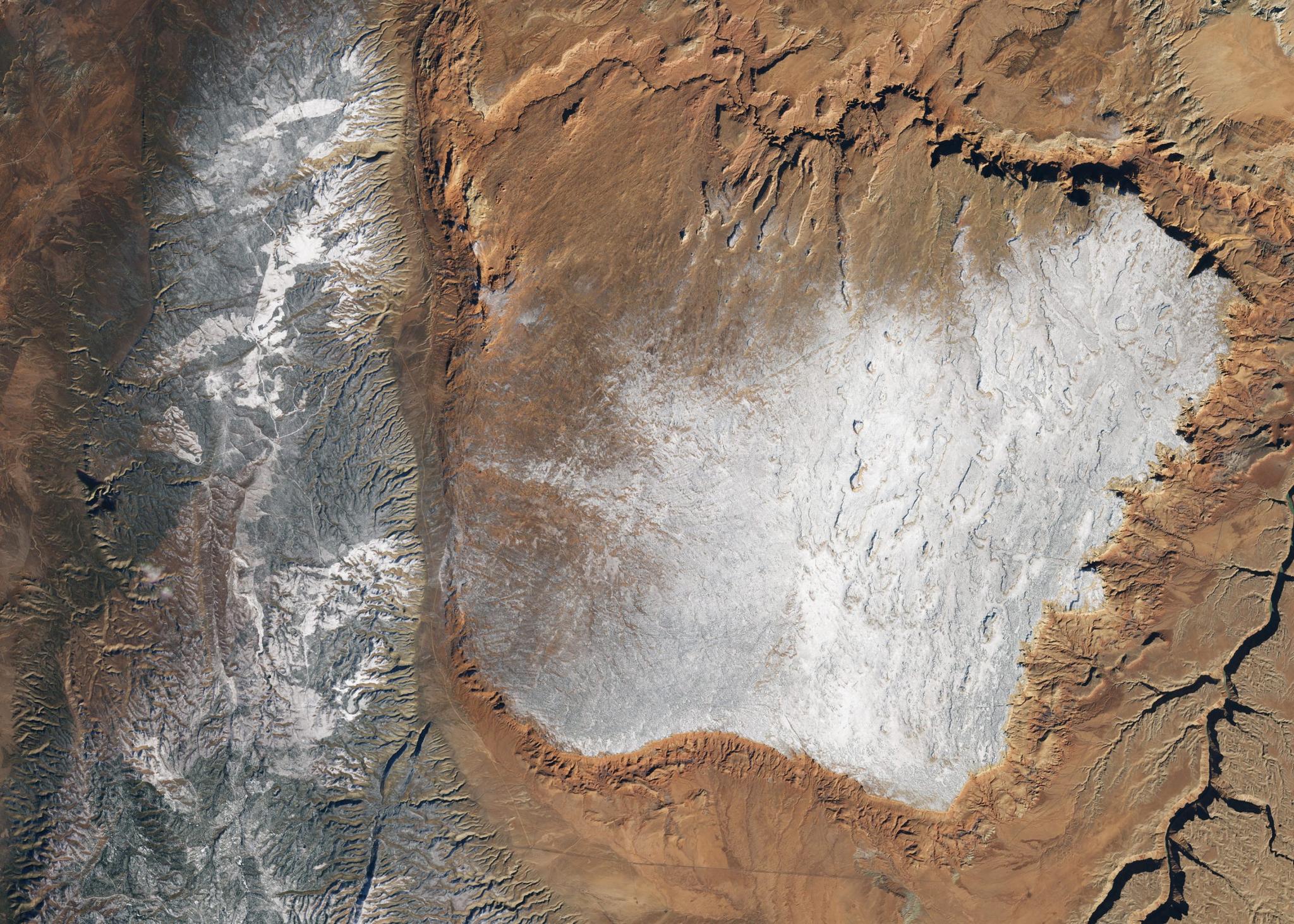 PlanetScope image of snow on top of Vermilion Cliffs National Monument in Arizona. © 2023, Planet Labs PBC. All Rights Reserved.