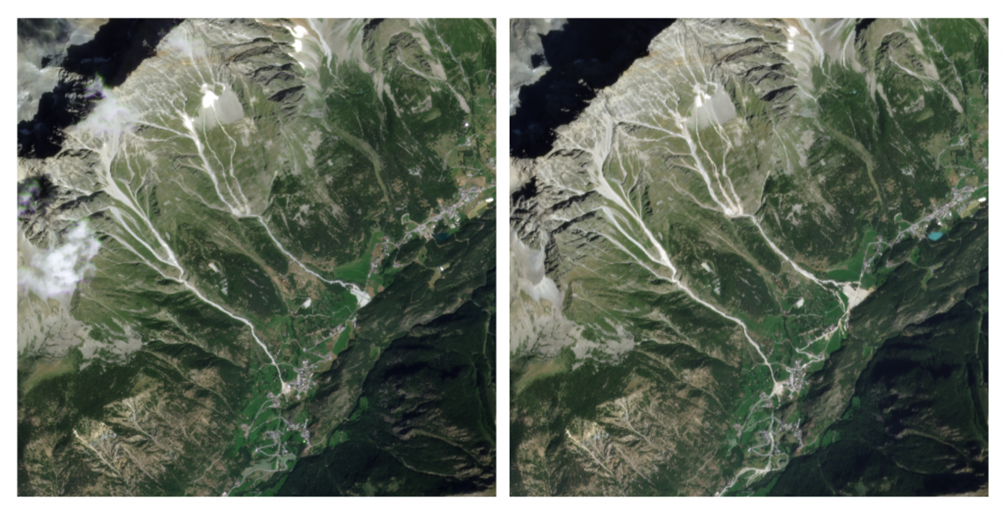 Before and after comparison of a landslide which occurred in Oyace, a region of Aosta Valley, Italy. Left: PlanetScope image taken August 11, 2023 (before landslide). Right: PlanetScope image taken August 20, 2023 (after landslide). 