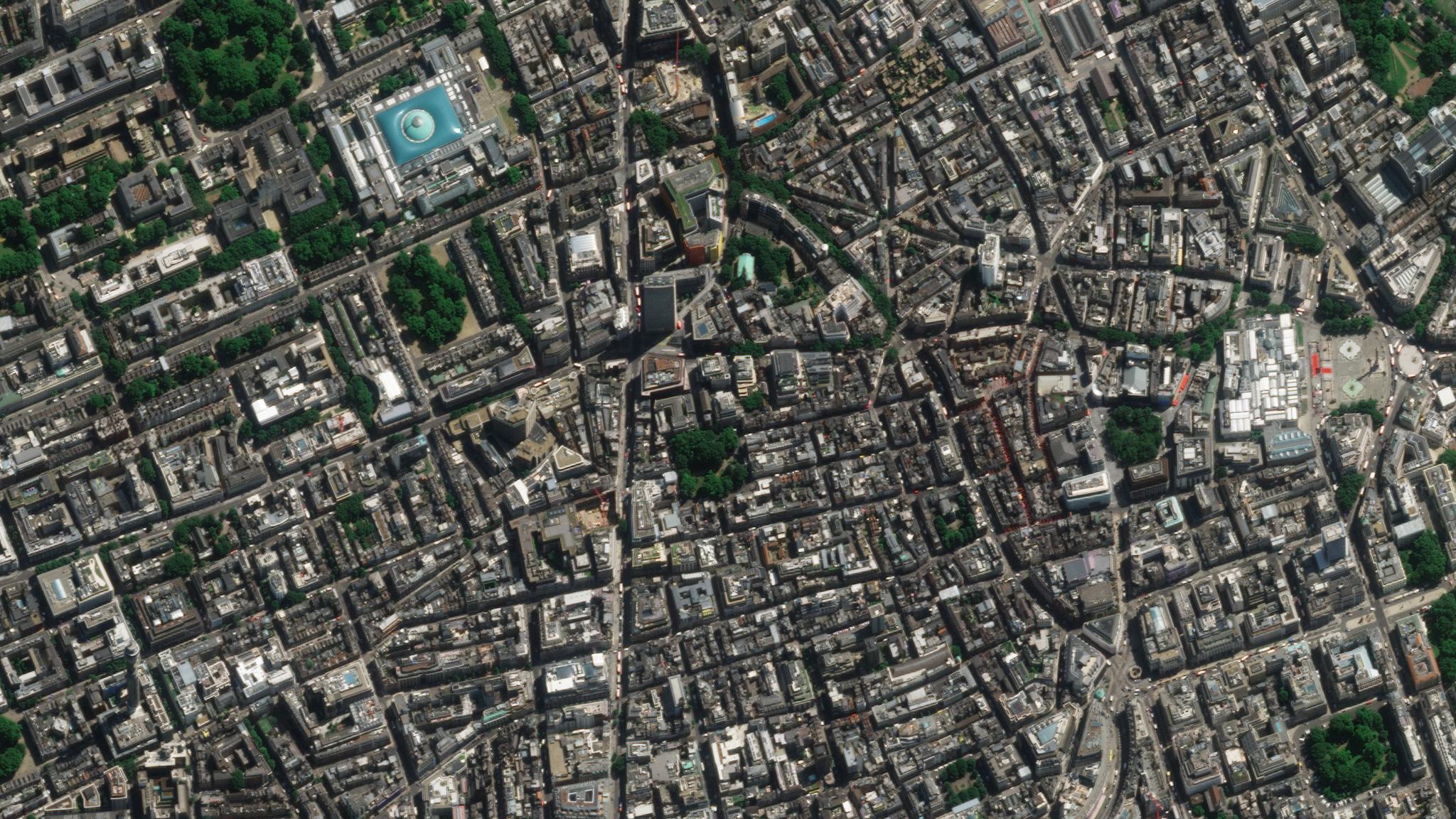 Pelican image over Planet’s new office in Soho on June 25, 2026. © 2026 Planet Labs PBC. All Rights Reserved.