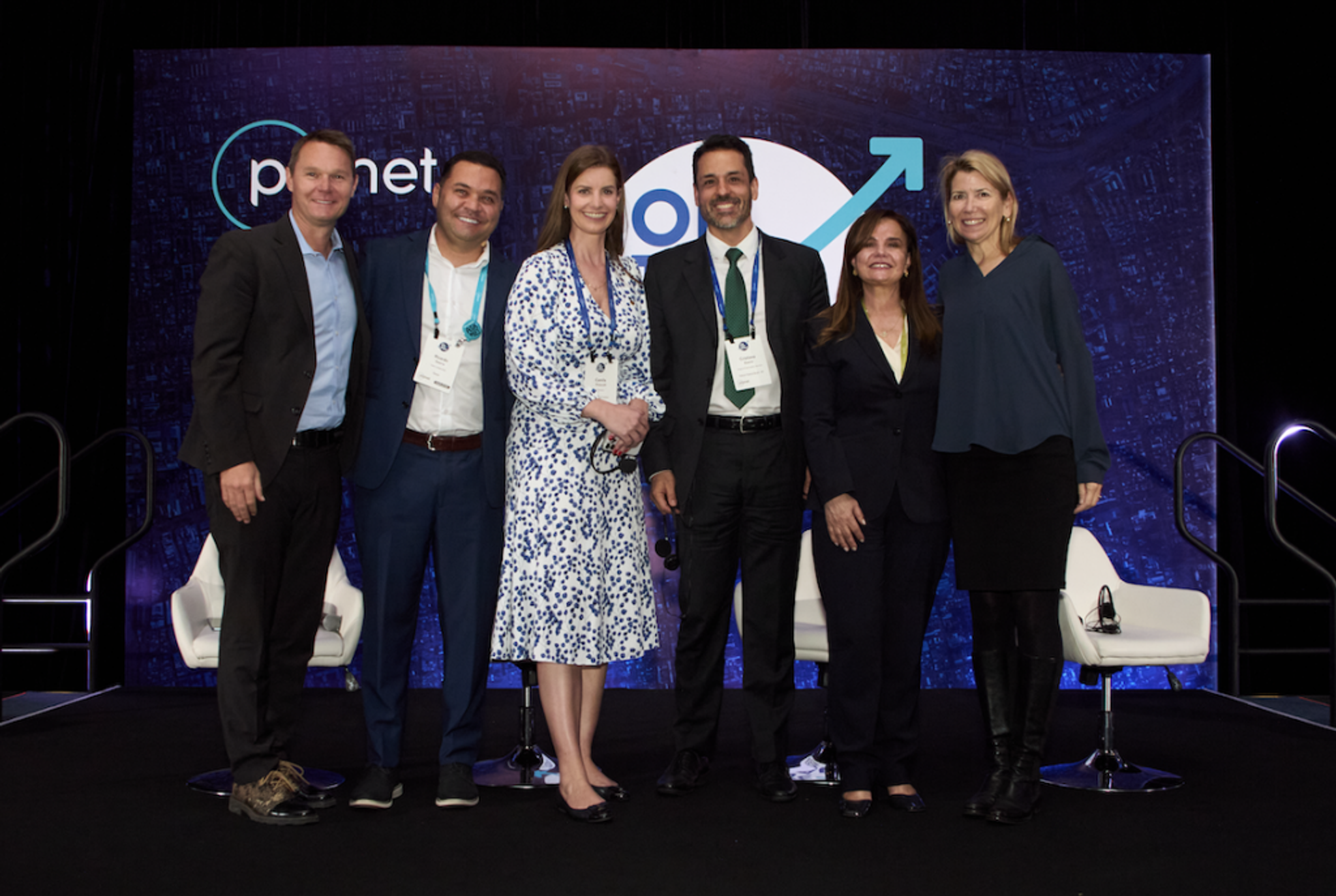 From left to right, Robbie Schingler, Planet Co-Founder and Chief Strategy Officer, Ricardo Guerra, Regional Sales Director of LATAM at Planet, Camila Pintarelli, PhD, Director - Chief of National Fund for Public Security Ministry of Justice and Public Security of Brazil, Cristiano Cunha, Chief of the Geomatics Service of the Federal Police & Coordinator of the Steering Committee of the Brazil MAIS Program of the Ministry of Justice and Public Security, Iara Musse Felix, CEO, SCCON Geospatial, and Ashley Johnson, Planet President and Chief Financial Officer on stage at On The Road Bogotá.