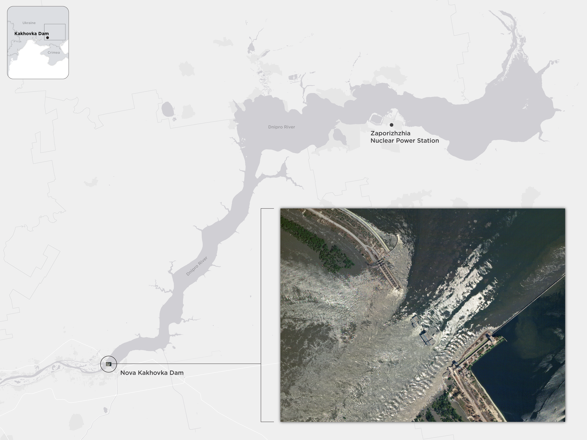 In early June 2023, the Nova Kakhovka dam across the Dnipro River in Ukraine collapsed, flooding several downstream cities. This high-resolution SkySat® image taken on June 6 captures the aftermath of the collapse in great detail. But it lacks the broader view — demonstrated by the background map.