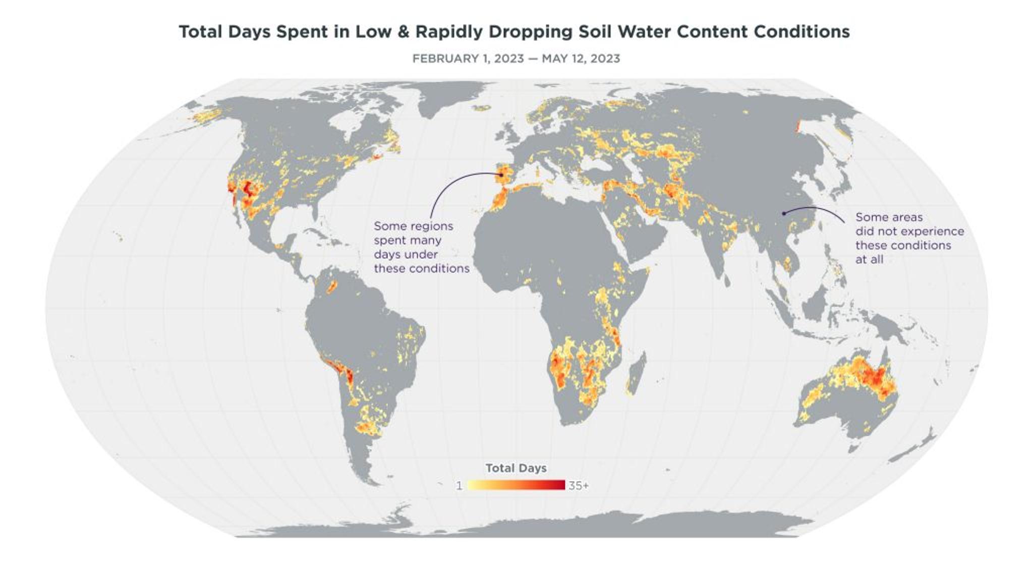 Isolating flash drought risk hotspots by measuring the number of days a region experienced the rapid change conditions. This map designates each pixel with a color based on the number of days it showed low and decreasing conditions from February 1 to May 12, 2023. In this visualization, 1 = 1 day, 30 = 30 days during that period. Areas that are darker red were in hotspot status more frequently.