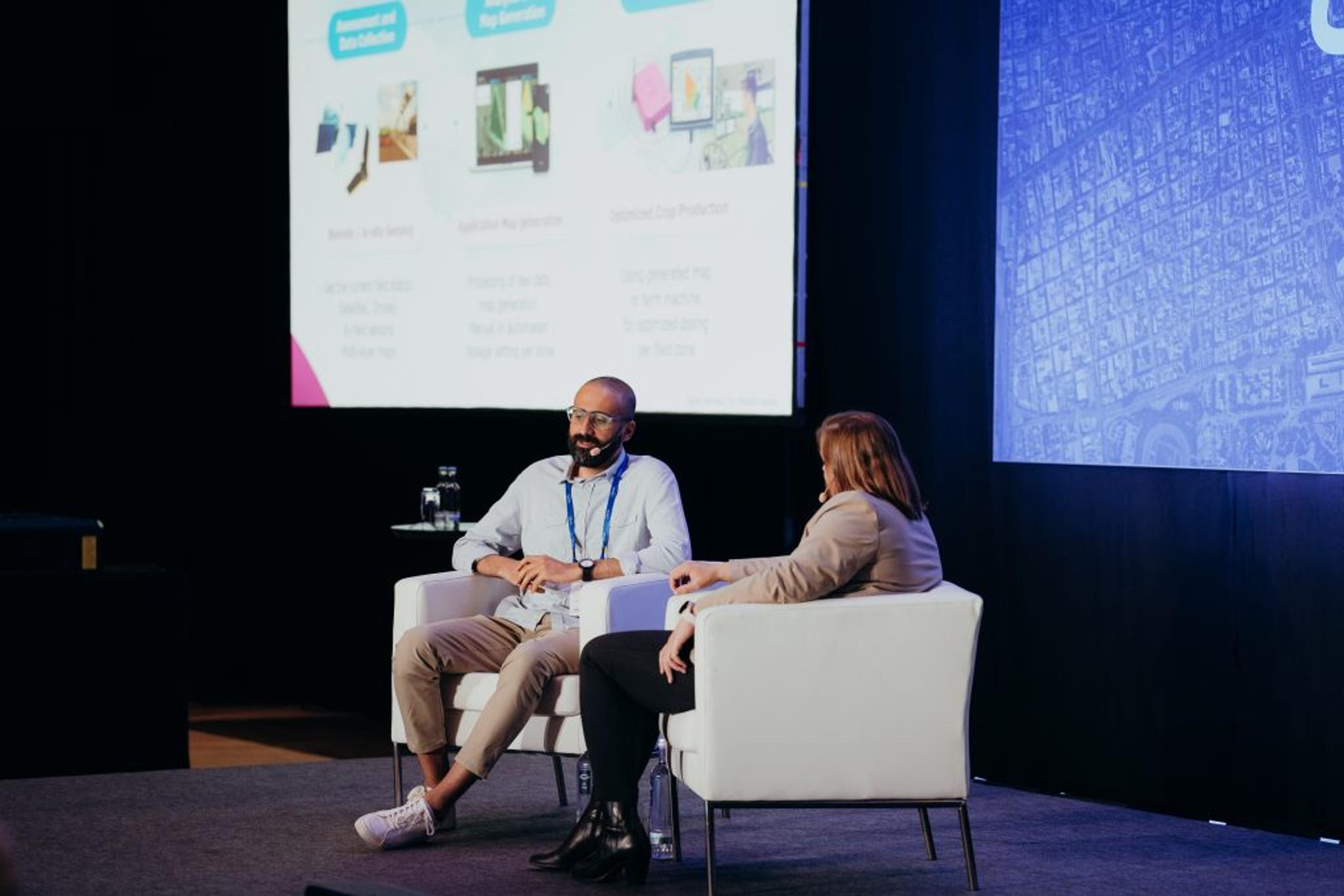 Image of fireside chat with Dr. Mojtaba Karami Geospatial Capability Lead at BASF Digital Farming and Nina Ewerlof, Planet VP of EMEA Sales at On The Road Berlin.