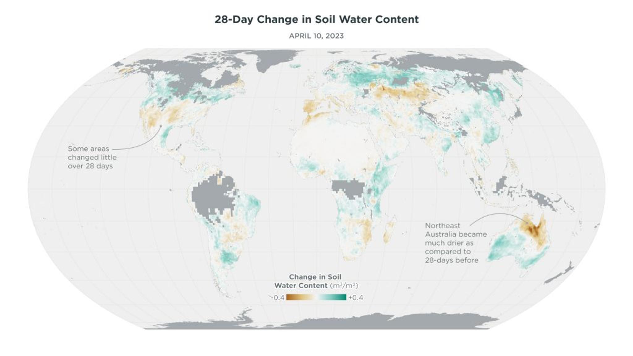 Figure 3: This image shows how much Soil Water Content levels changed from the previous 28 days prior to April 10, 2023. Increases are shown in blue and decreases are shown in orange.*