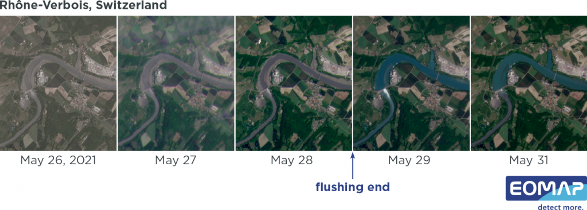 3 meter PlanetScope time-series showing water expansion and turbidity in true color over the course of a week. Image credit: EOMAP